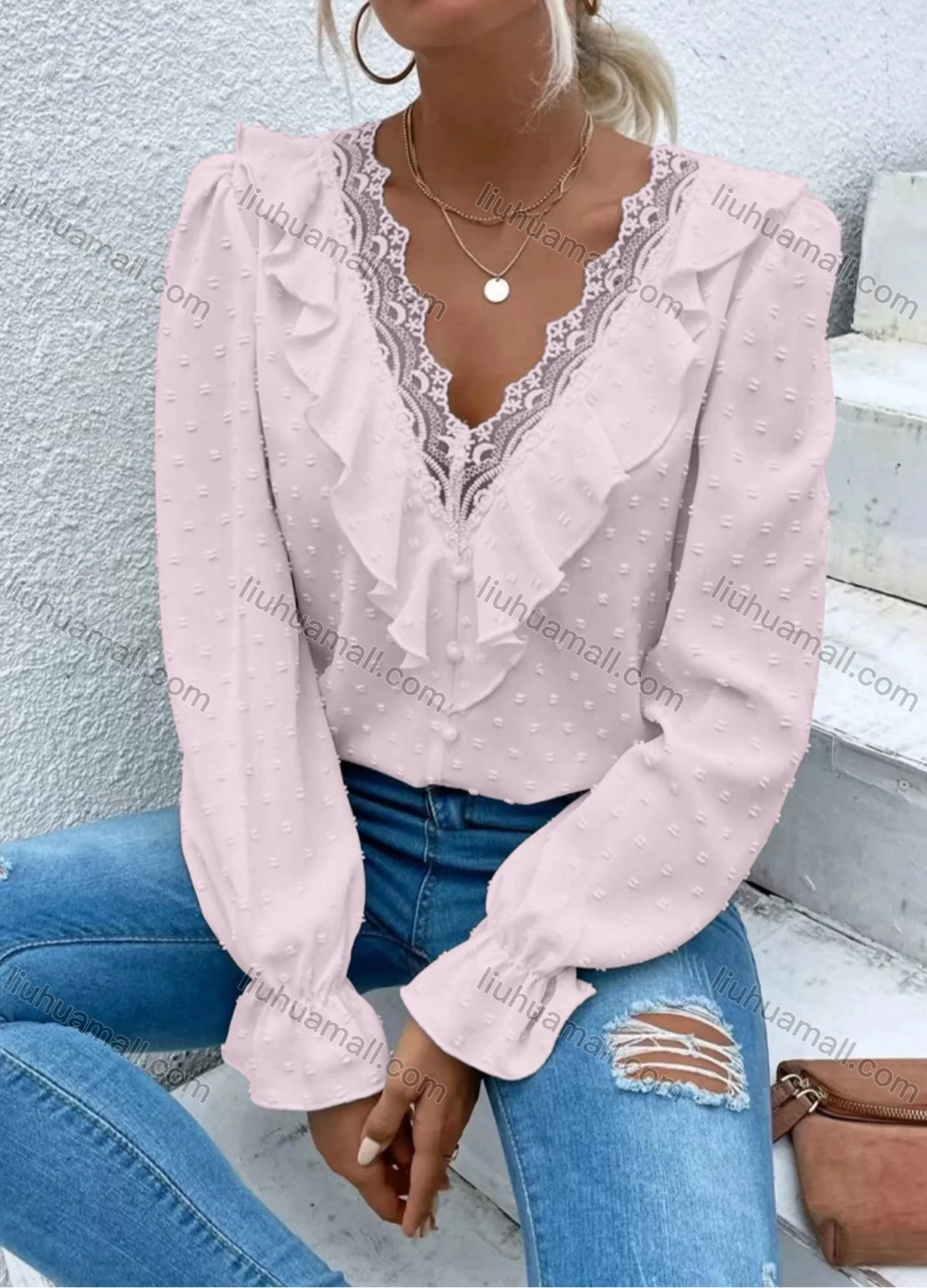 Wholesale Women's Casual Plain Swiss Dot V Neck Lace Trim Ruffle Trim Long Sleeve Blouse - Liuhuamall