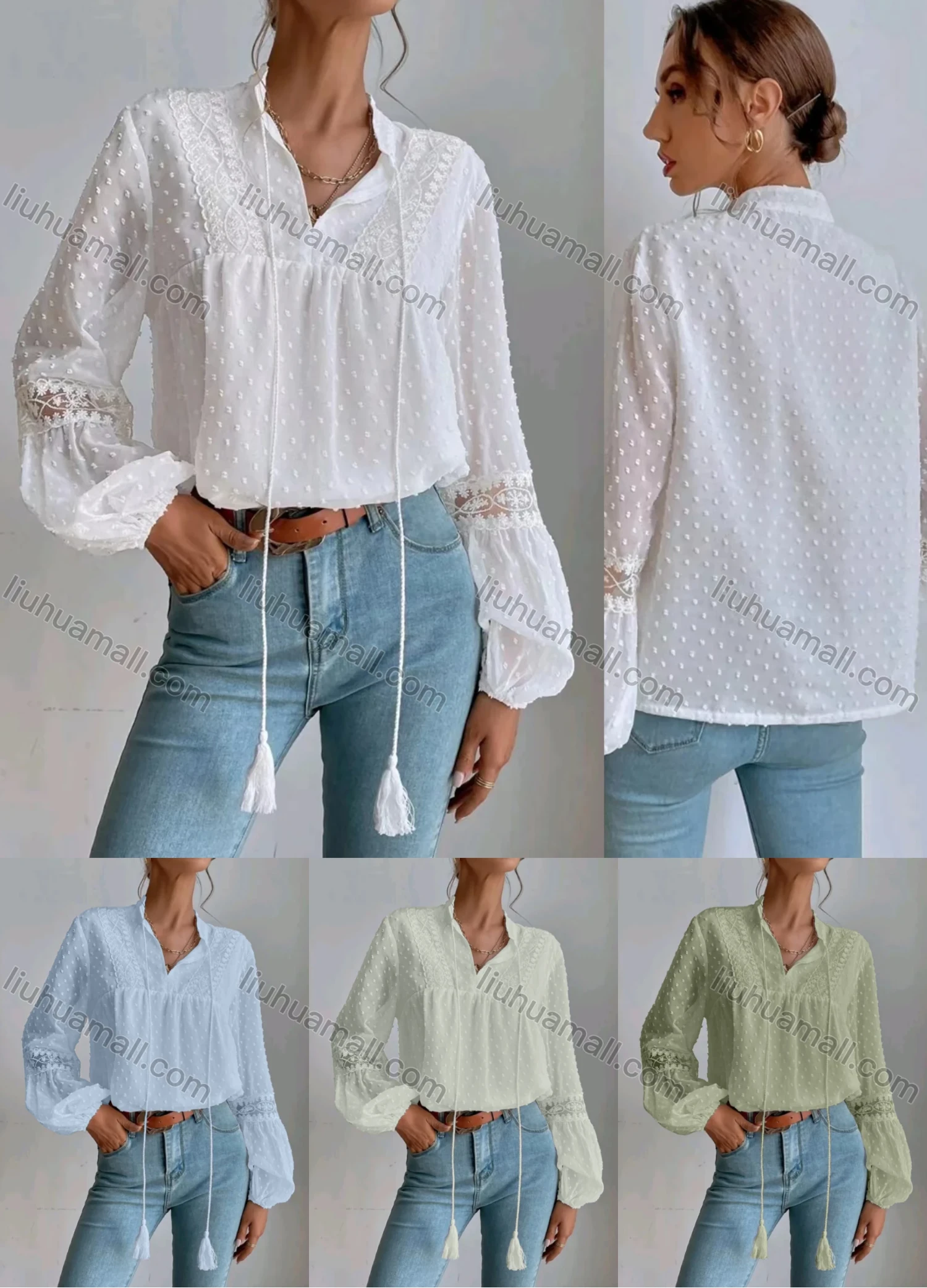 Wholesale Women's Casual Plain Swiss Dot Tassel Cord Long Sleeve Blouse - Liuhuamall