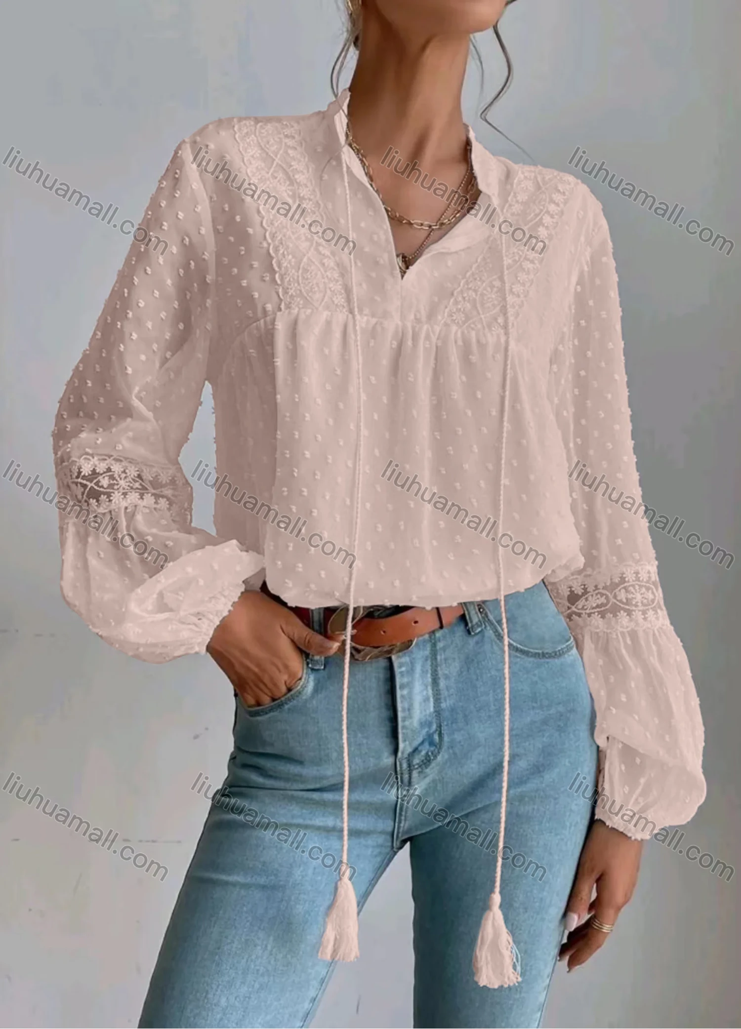 Wholesale Women's Casual Plain Swiss Dot Tassel Cord Long Sleeve Blouse - Liuhuamall