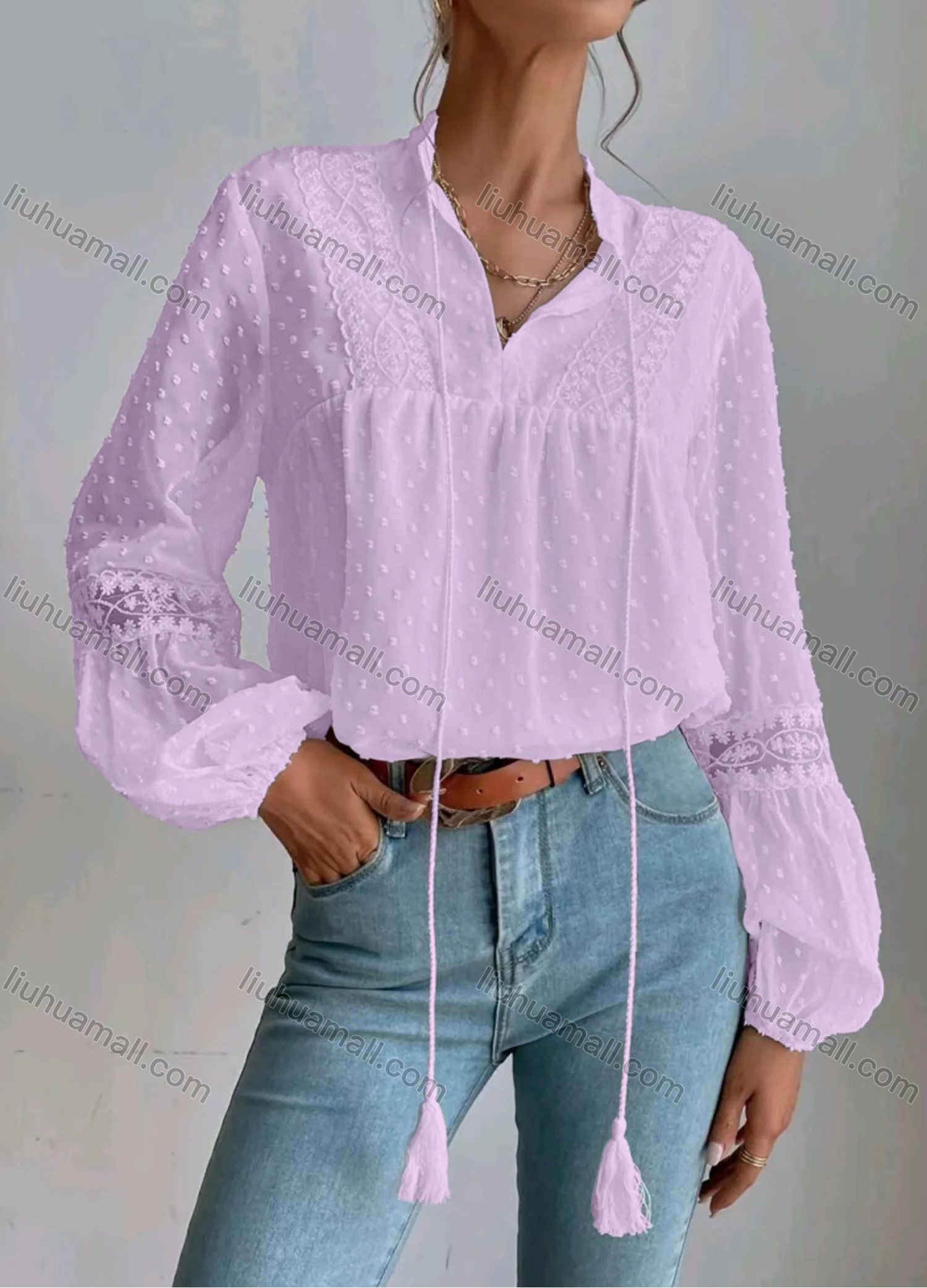 Wholesale Women's Casual Plain Swiss Dot Tassel Cord Long Sleeve Blouse - Liuhuamall