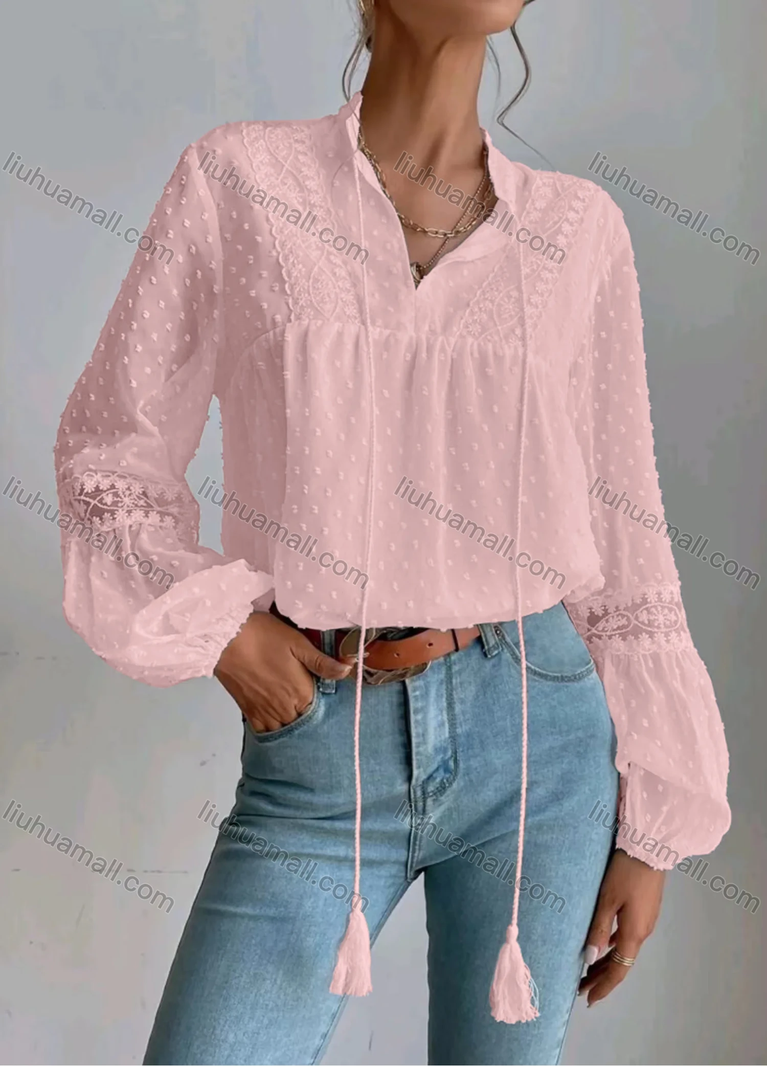 Wholesale Women's Casual Plain Swiss Dot Tassel Cord Long Sleeve Blouse - Liuhuamall