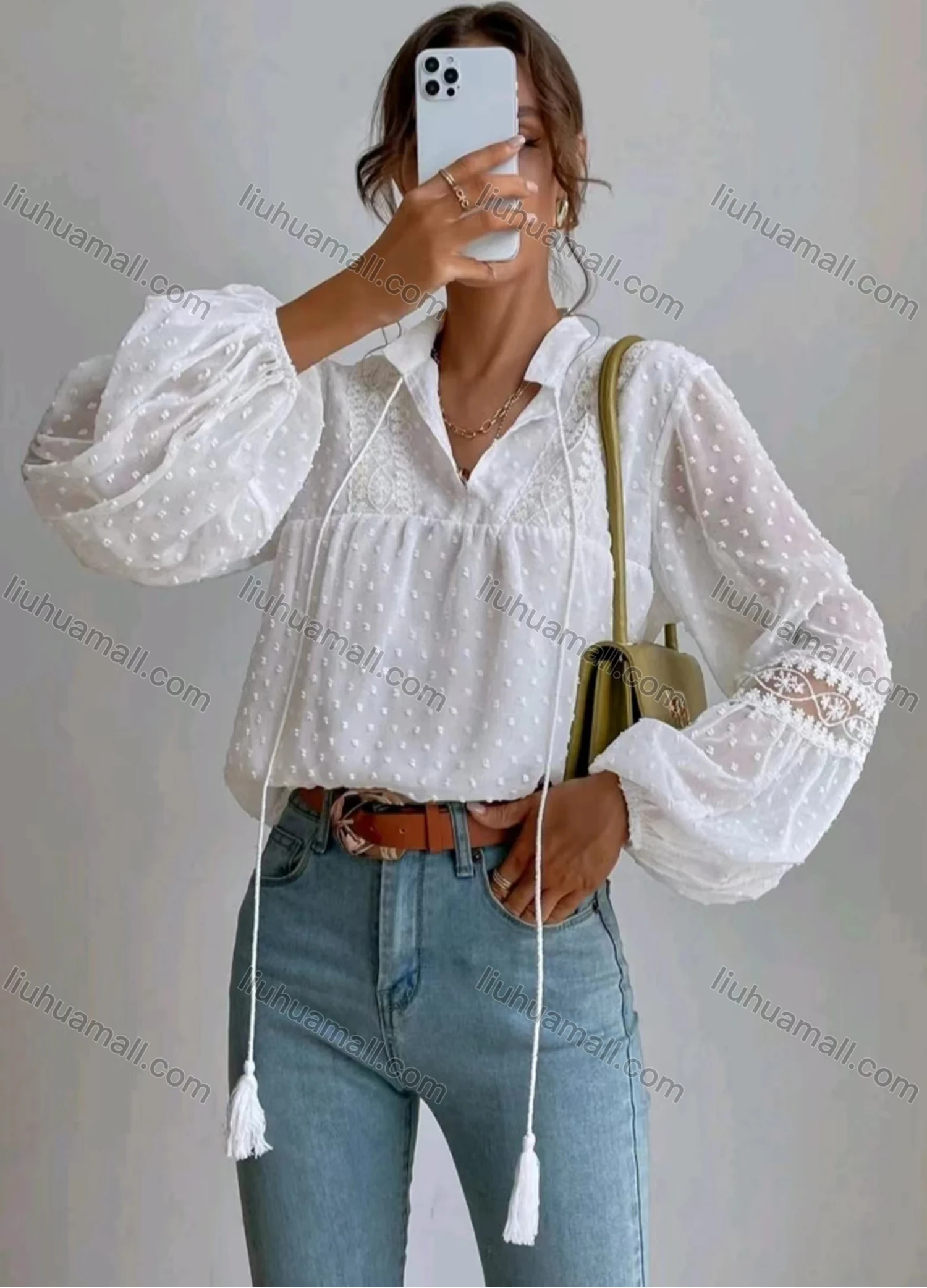 Wholesale Women's Casual Plain Swiss Dot Tassel Cord Long Sleeve Blouse - Liuhuamall