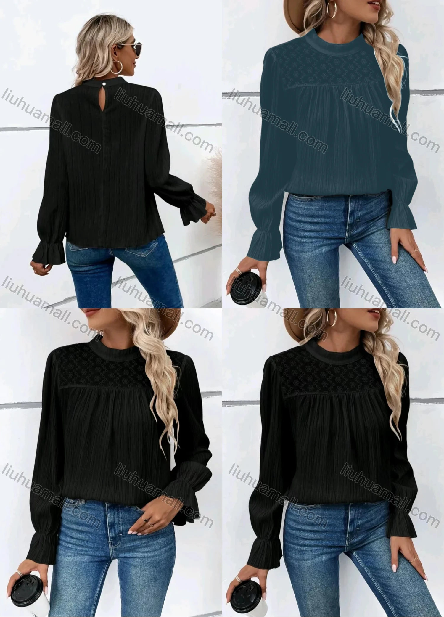 Wholesale Women's Casual Plain Stand Collar Ruched Long Sleeve Blouse - Liuhuamall