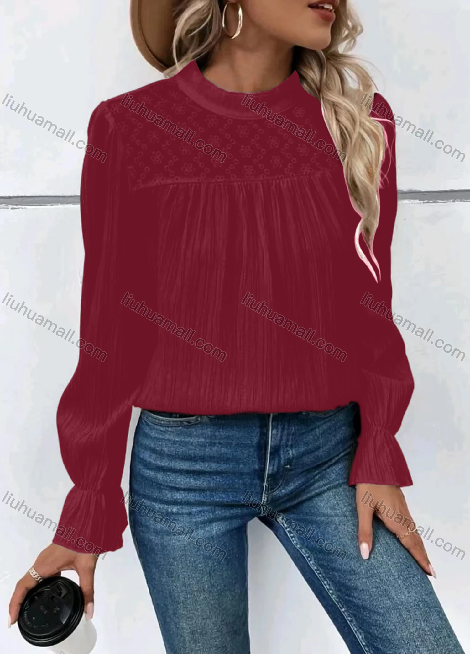 Wholesale Women's Casual Plain Stand Collar Ruched Long Sleeve Blouse - Liuhuamall