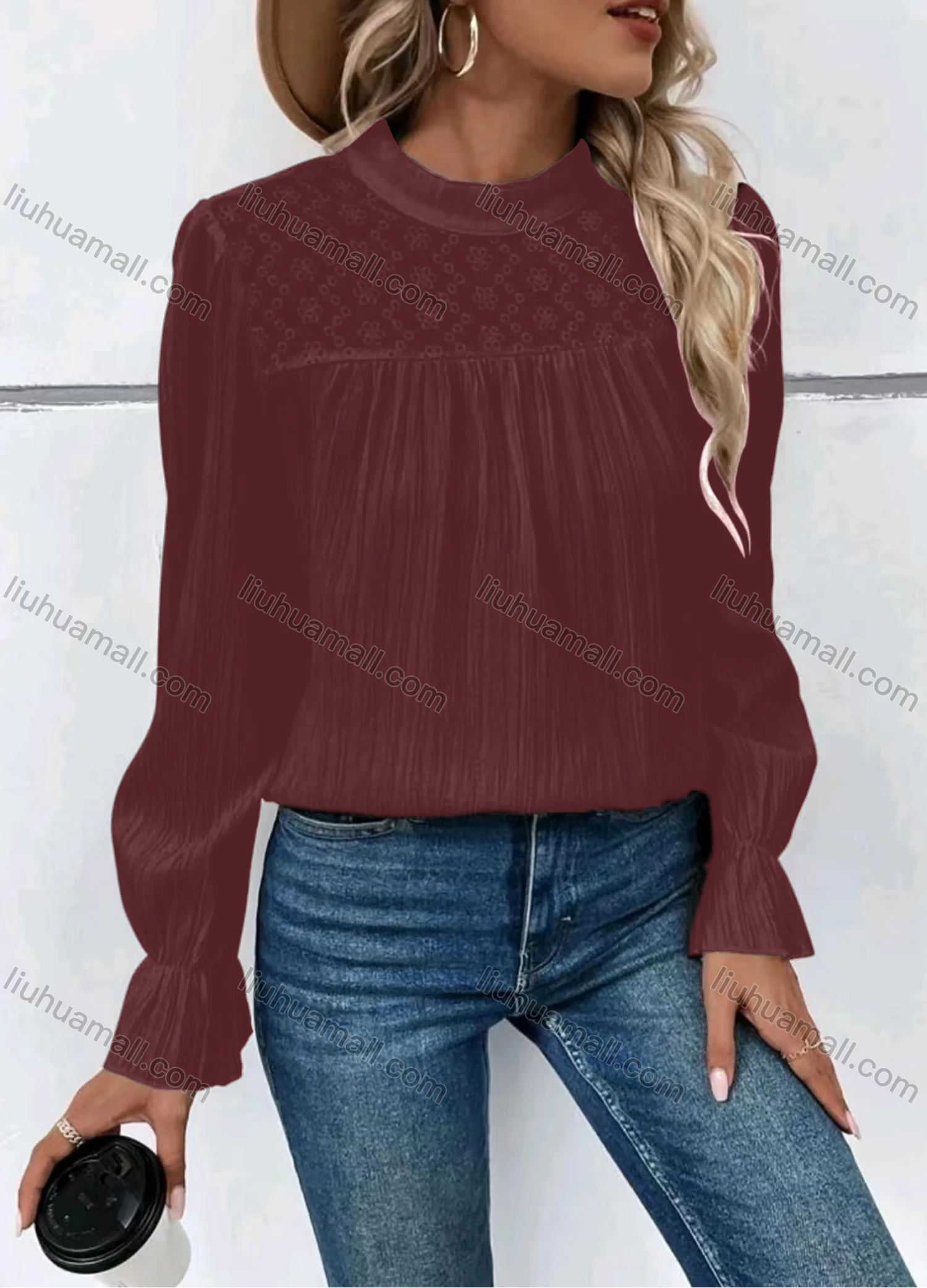 Wholesale Women's Casual Plain Stand Collar Ruched Long Sleeve Blouse - Liuhuamall