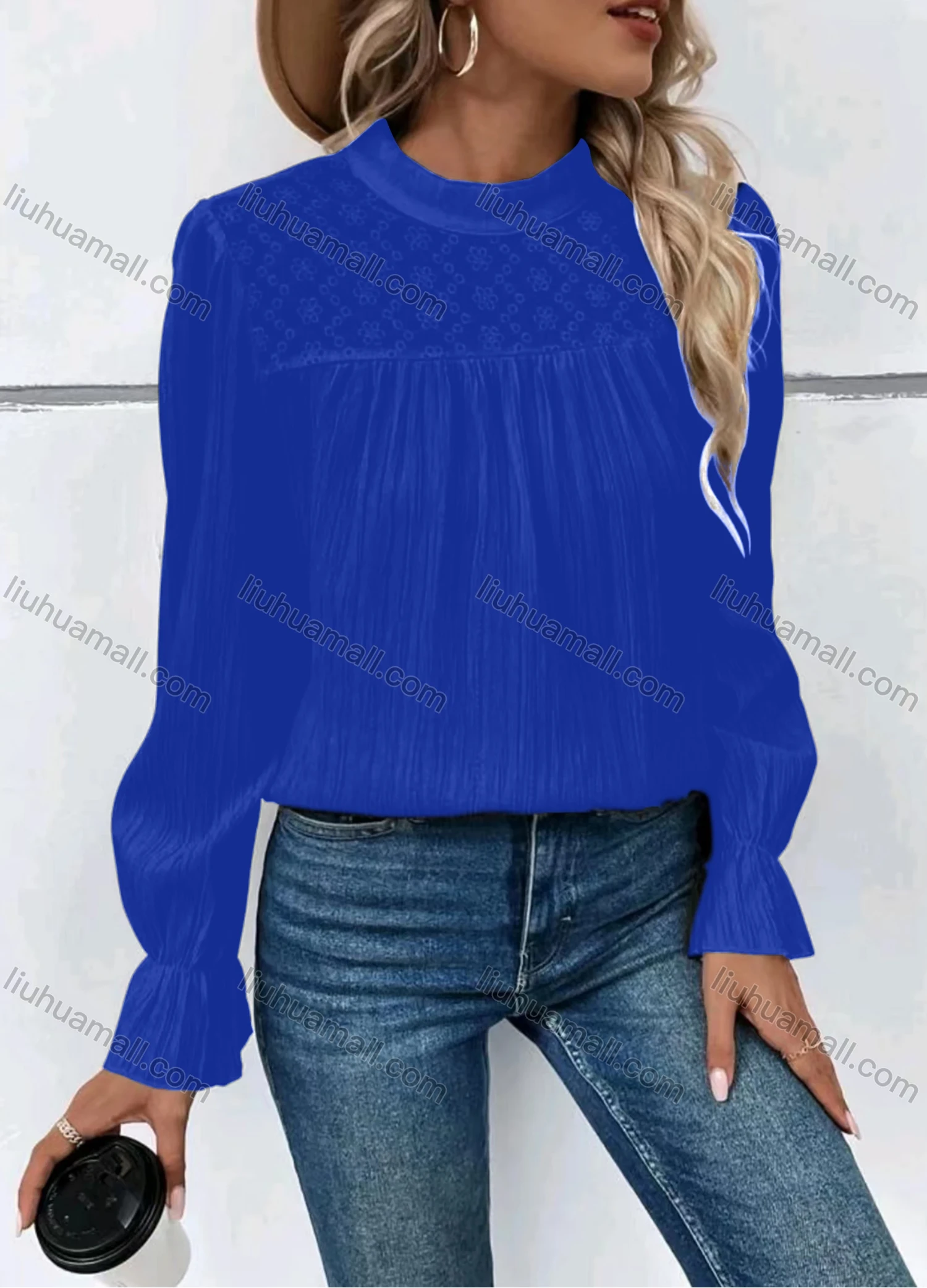 Wholesale Women's Casual Plain Stand Collar Ruched Long Sleeve Blouse - Liuhuamall