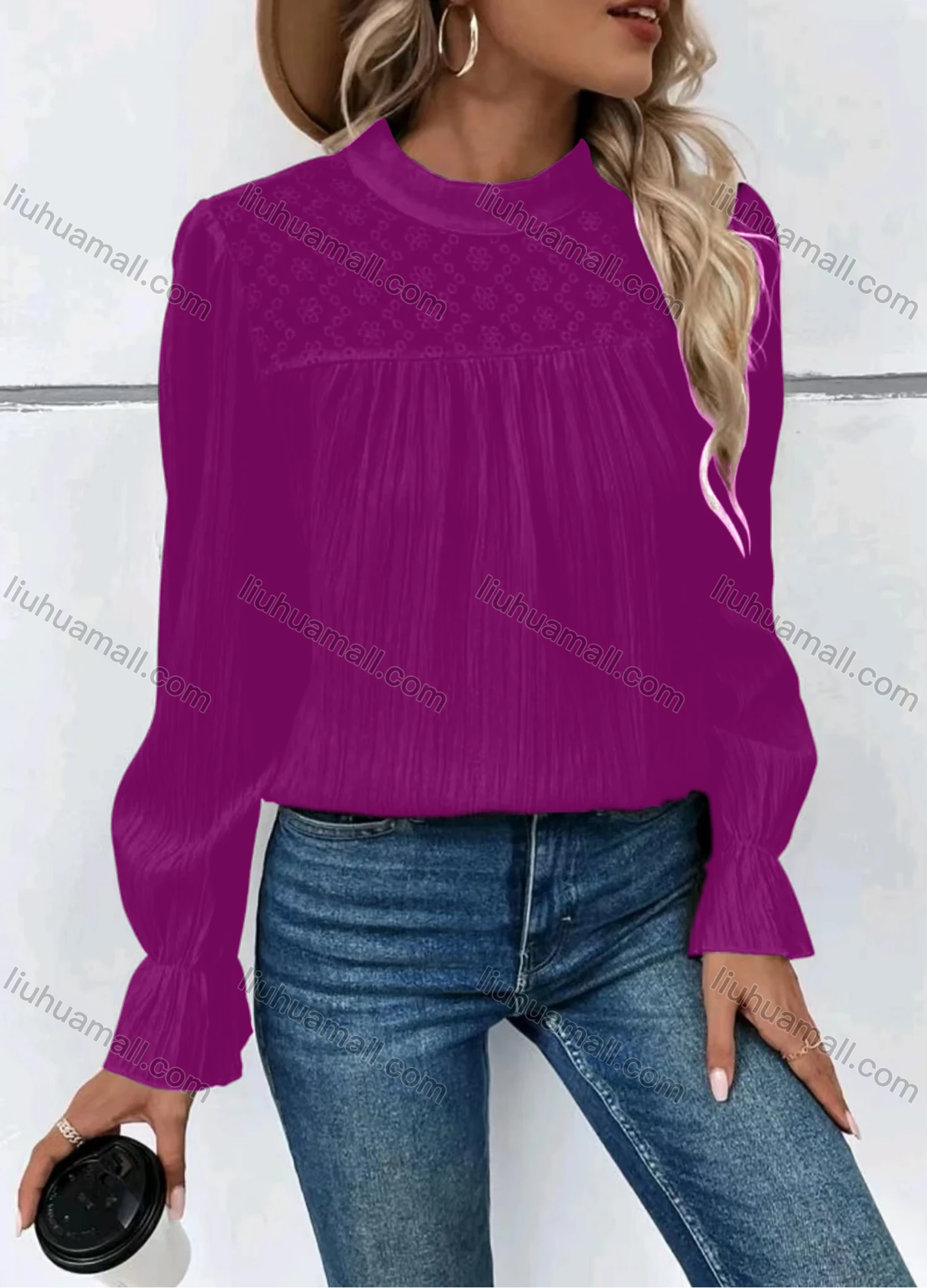 Wholesale Women's Casual Plain Stand Collar Ruched Long Sleeve Blouse - Liuhuamall