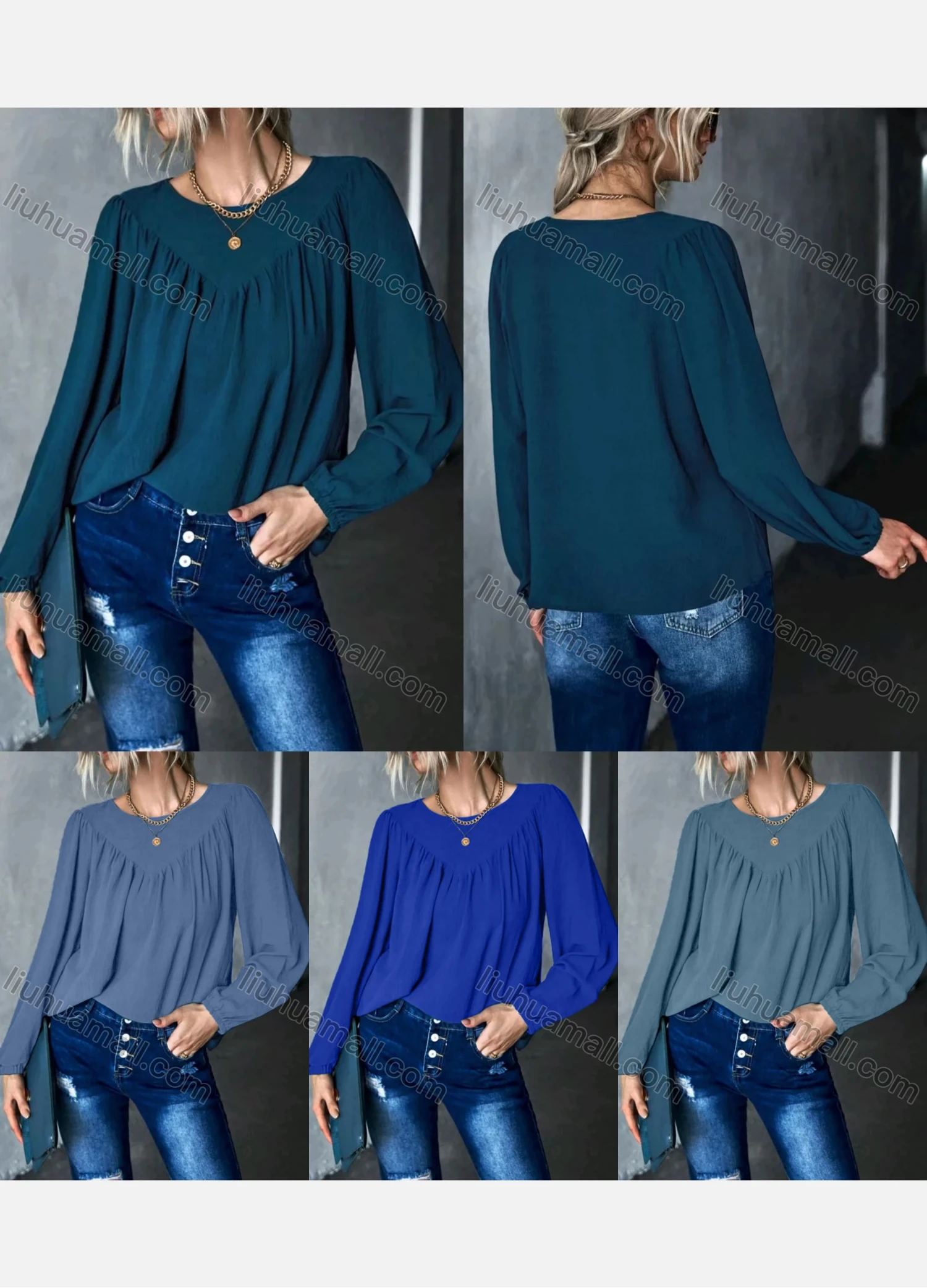 Wholesale Women's Casual Plain Round Neck Long Sleeve Ruched Blouse - Liuhuamall