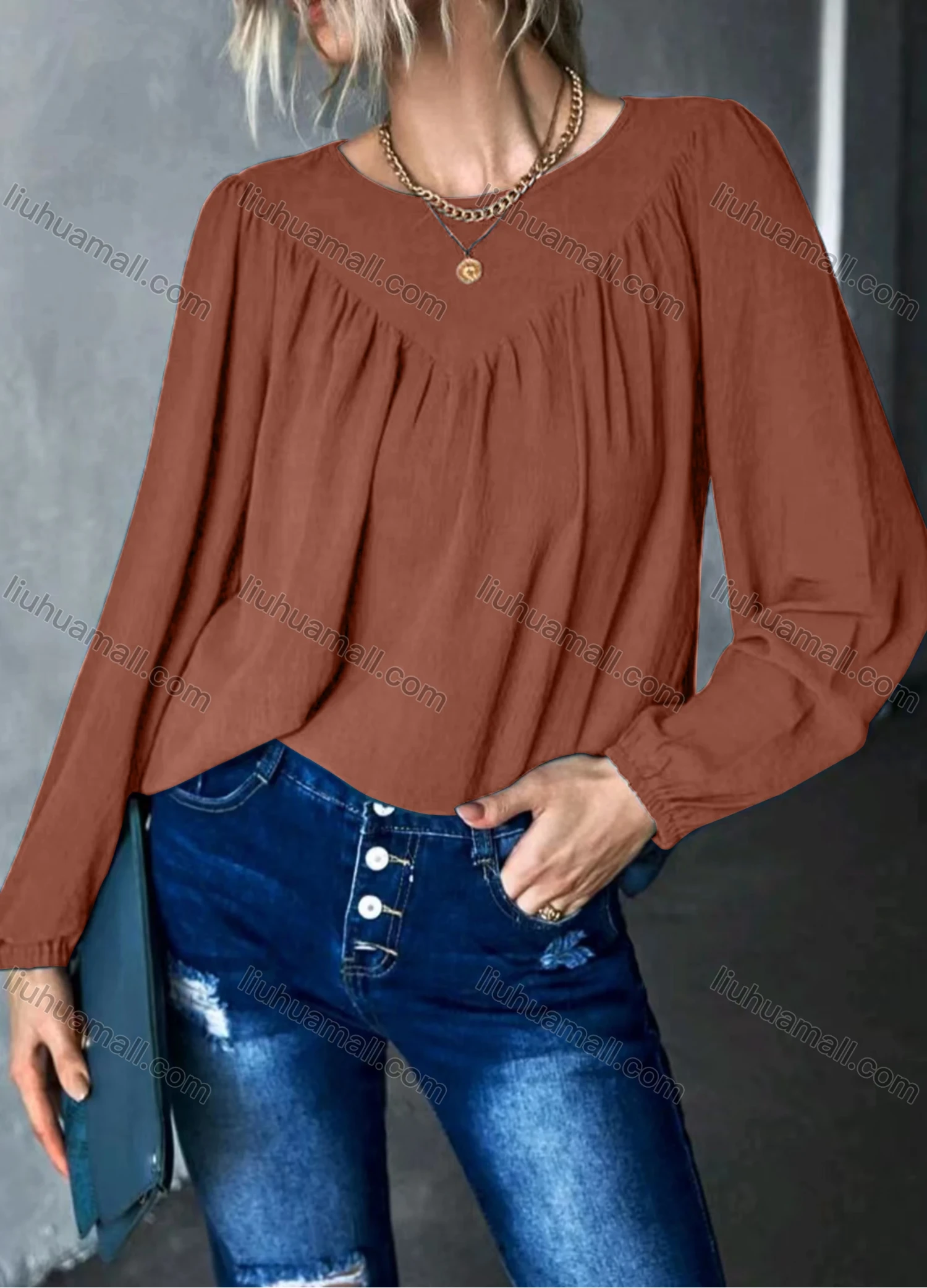 Wholesale Women's Casual Plain Round Neck Long Sleeve Ruched Blouse - Liuhuamall