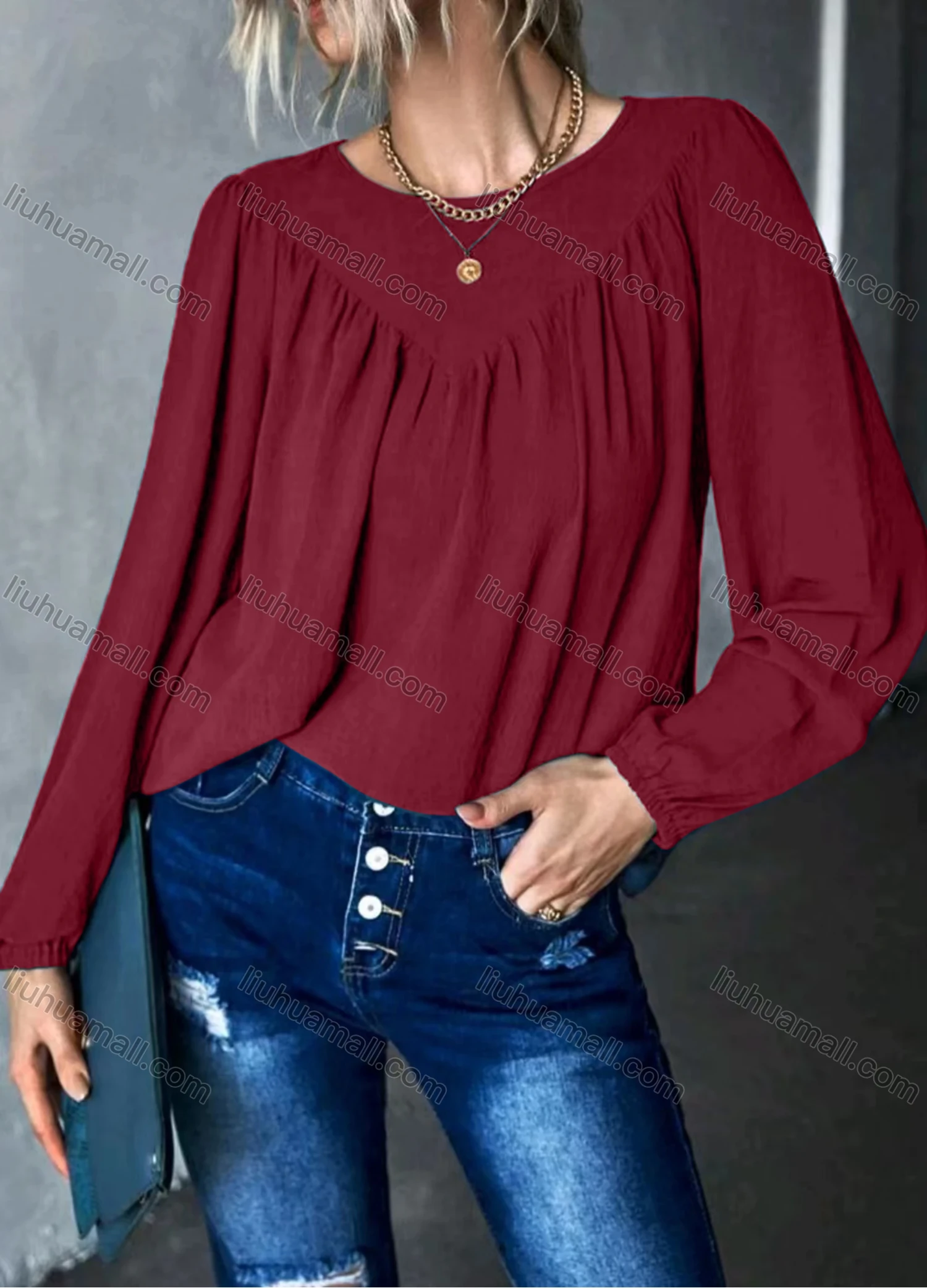 Wholesale Women's Casual Plain Round Neck Long Sleeve Ruched Blouse - Liuhuamall