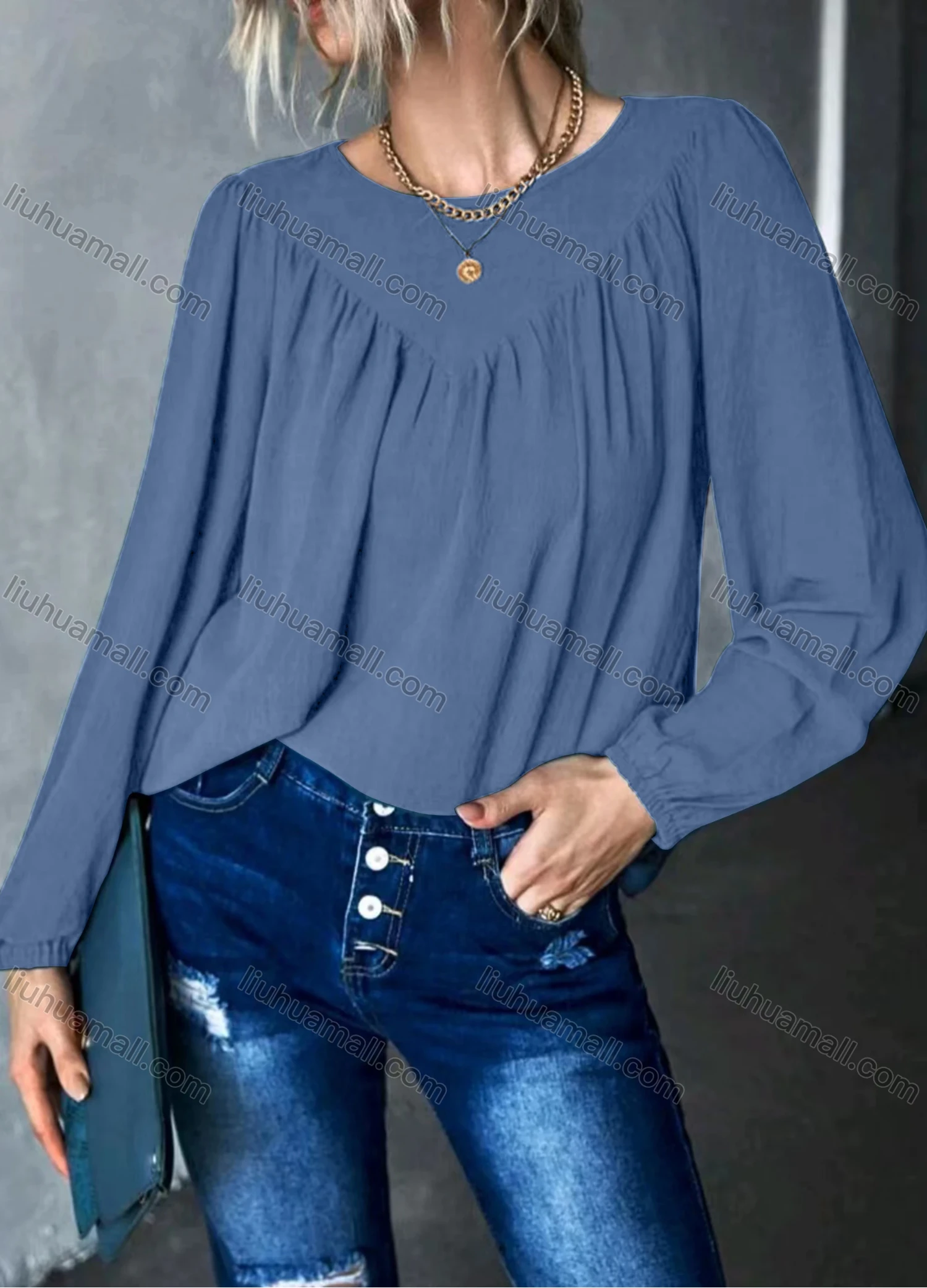 Wholesale Women's Casual Plain Round Neck Long Sleeve Ruched Blouse - Liuhuamall