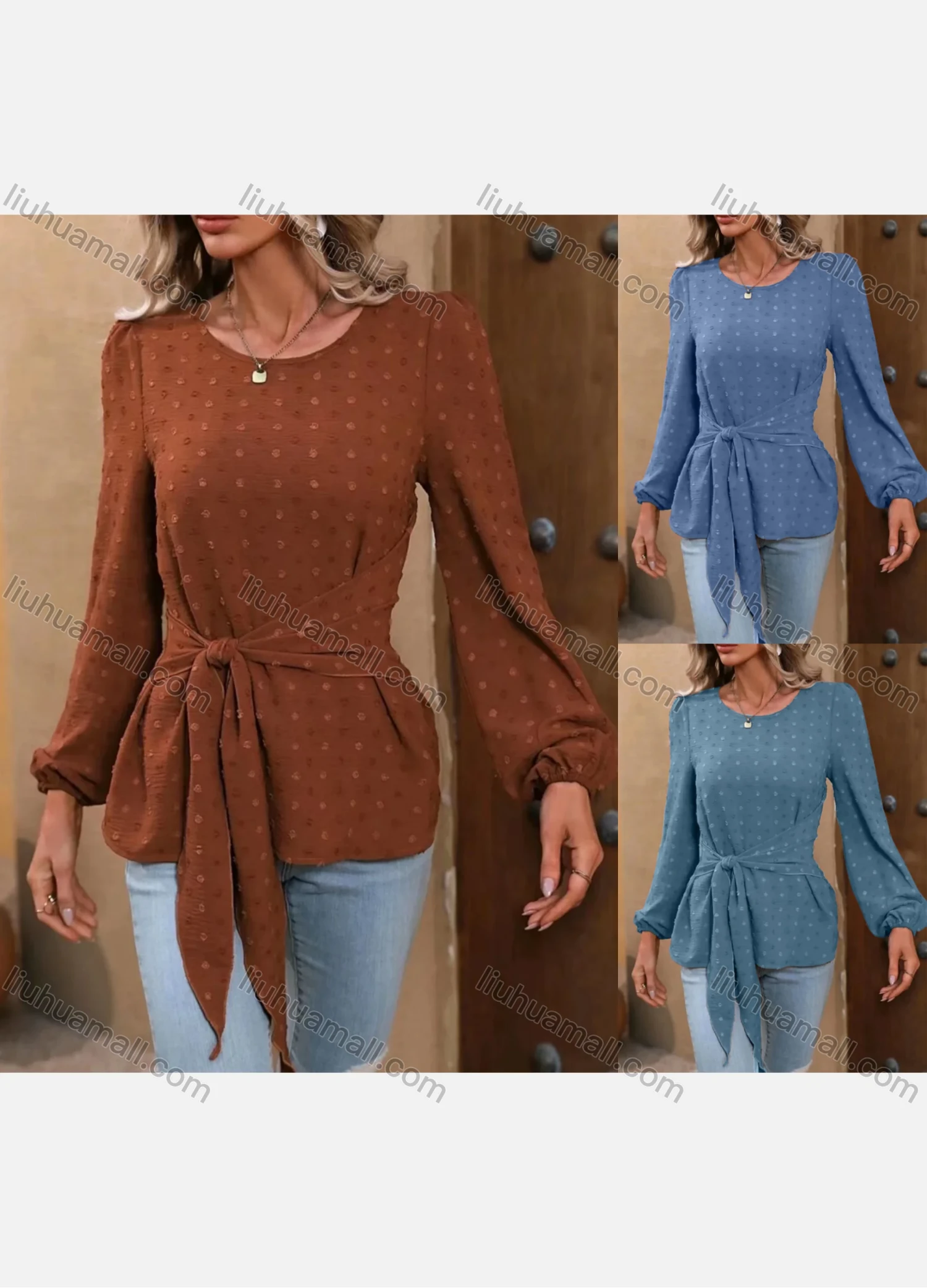 Wholesale Women's Casual Round Neck Long Sleeve Tie Front Swiss Dot Blouse - Liuhuamall