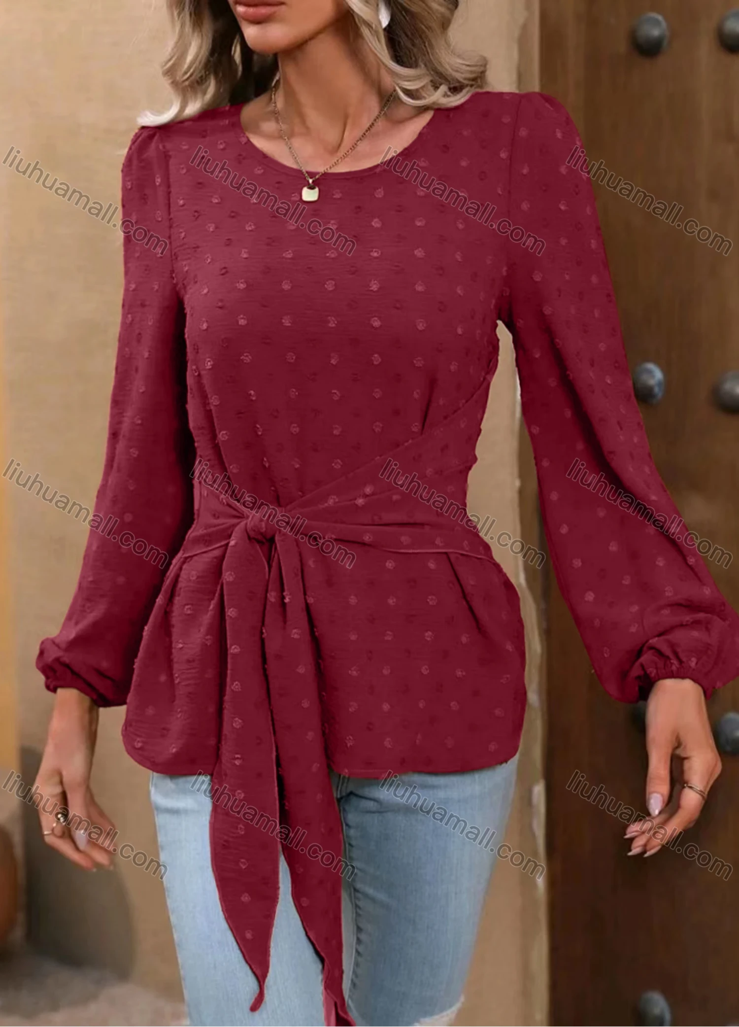 Wholesale Women's Casual Round Neck Long Sleeve Tie Front Swiss Dot Blouse - Liuhuamall