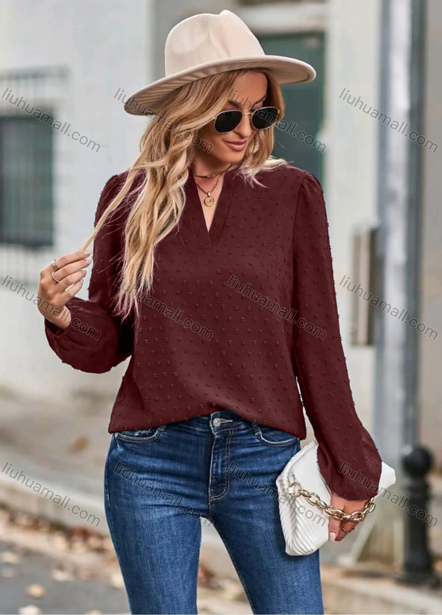 Wholesale Women's Casual Plain V Neck Swiss Dot Long Sleeve Blouse - Liuhuamall