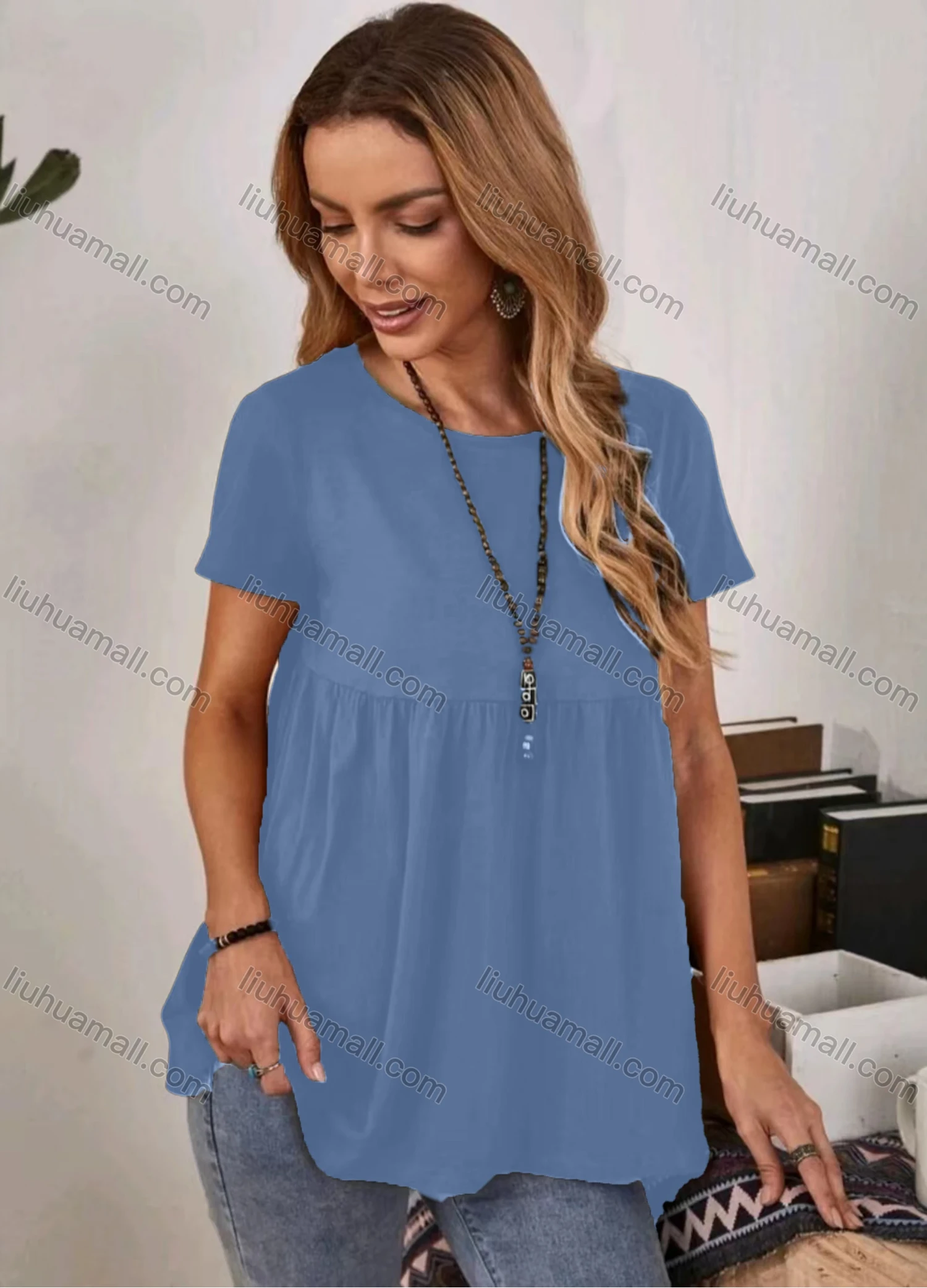 Wholesale Women's Casual Plain Round Neck Short Sleeve Ruched Ruffle Hem Blouse - Liuhuamall