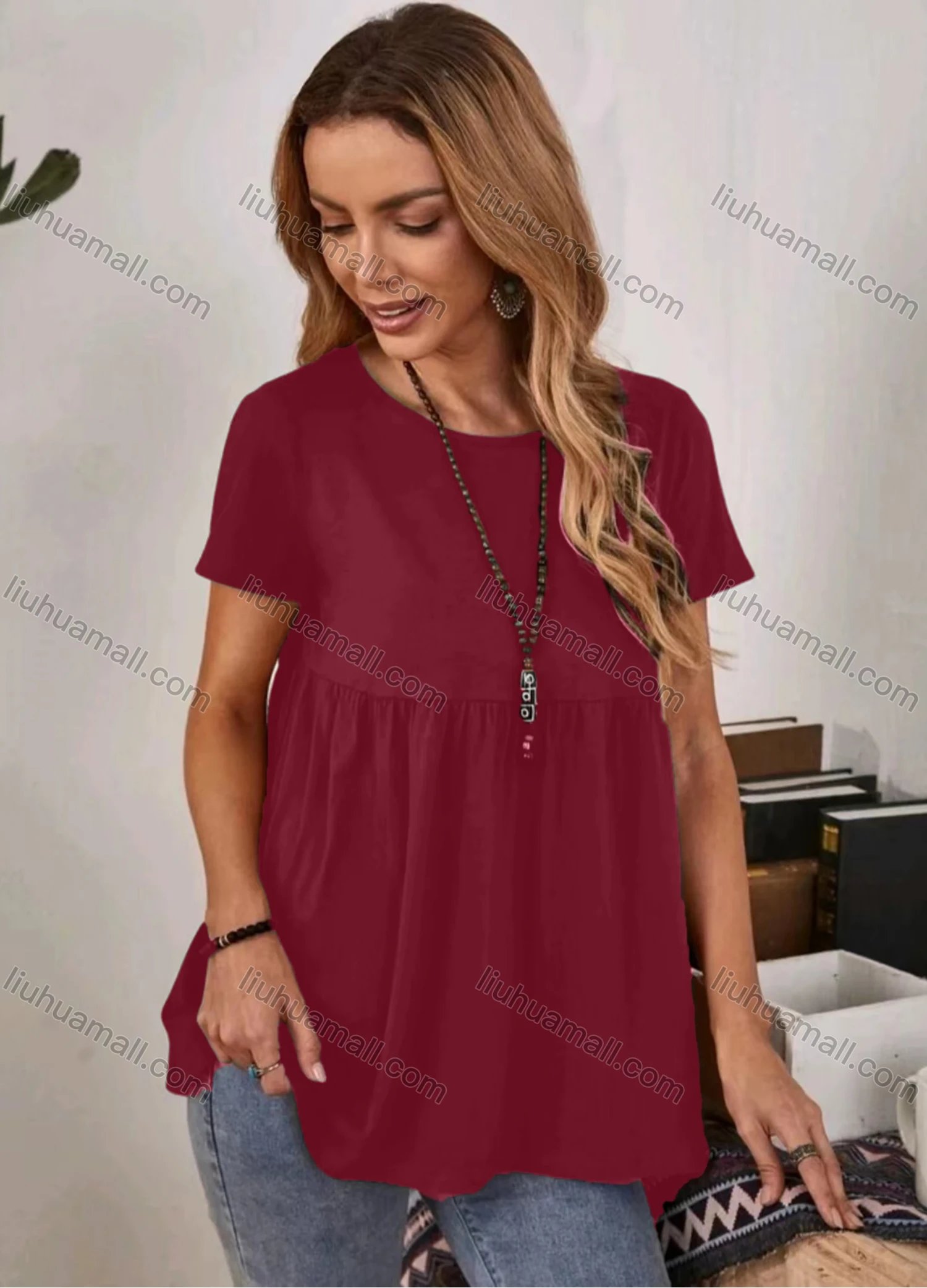 Wholesale Women's Casual Plain Round Neck Short Sleeve Ruched Ruffle Hem Blouse - Liuhuamall