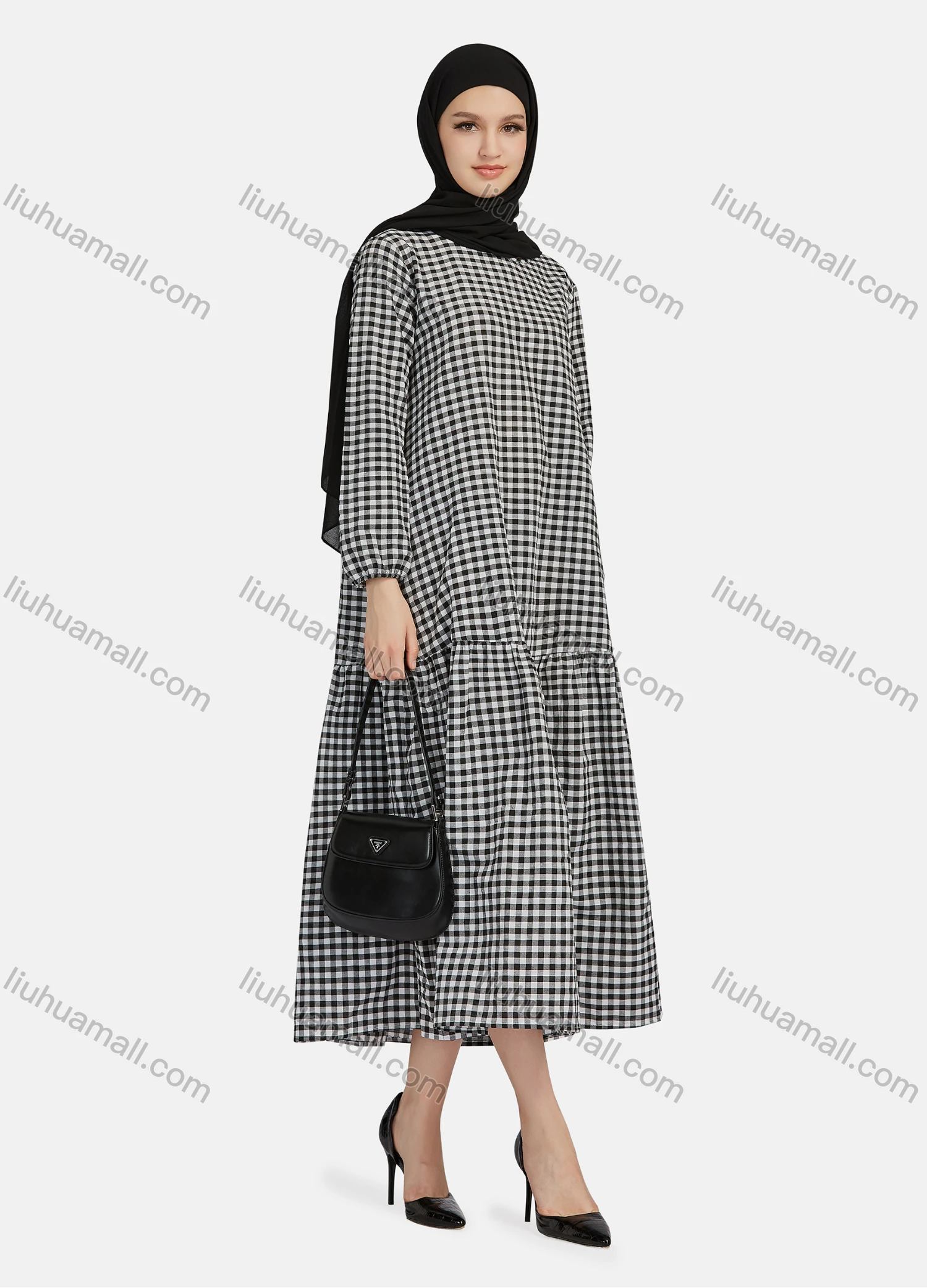Wholesale Women's Casual Plaid Print Long Sleeve Ruffle Hem Midi Dress 1309# - Liuhuamall