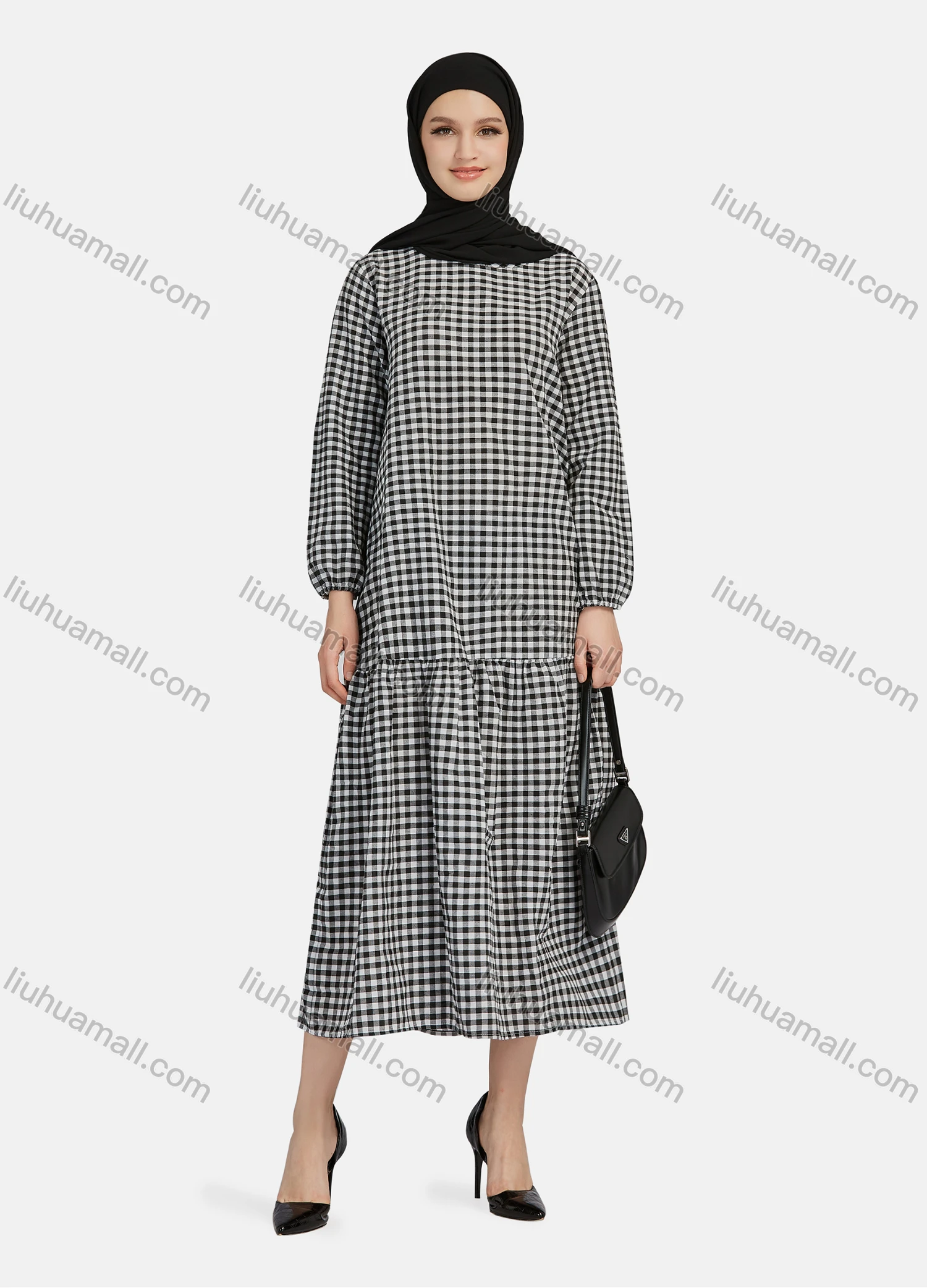 Wholesale Women's Casual Plaid Print Long Sleeve Ruffle Hem Midi Dress 1309# - Liuhuamall