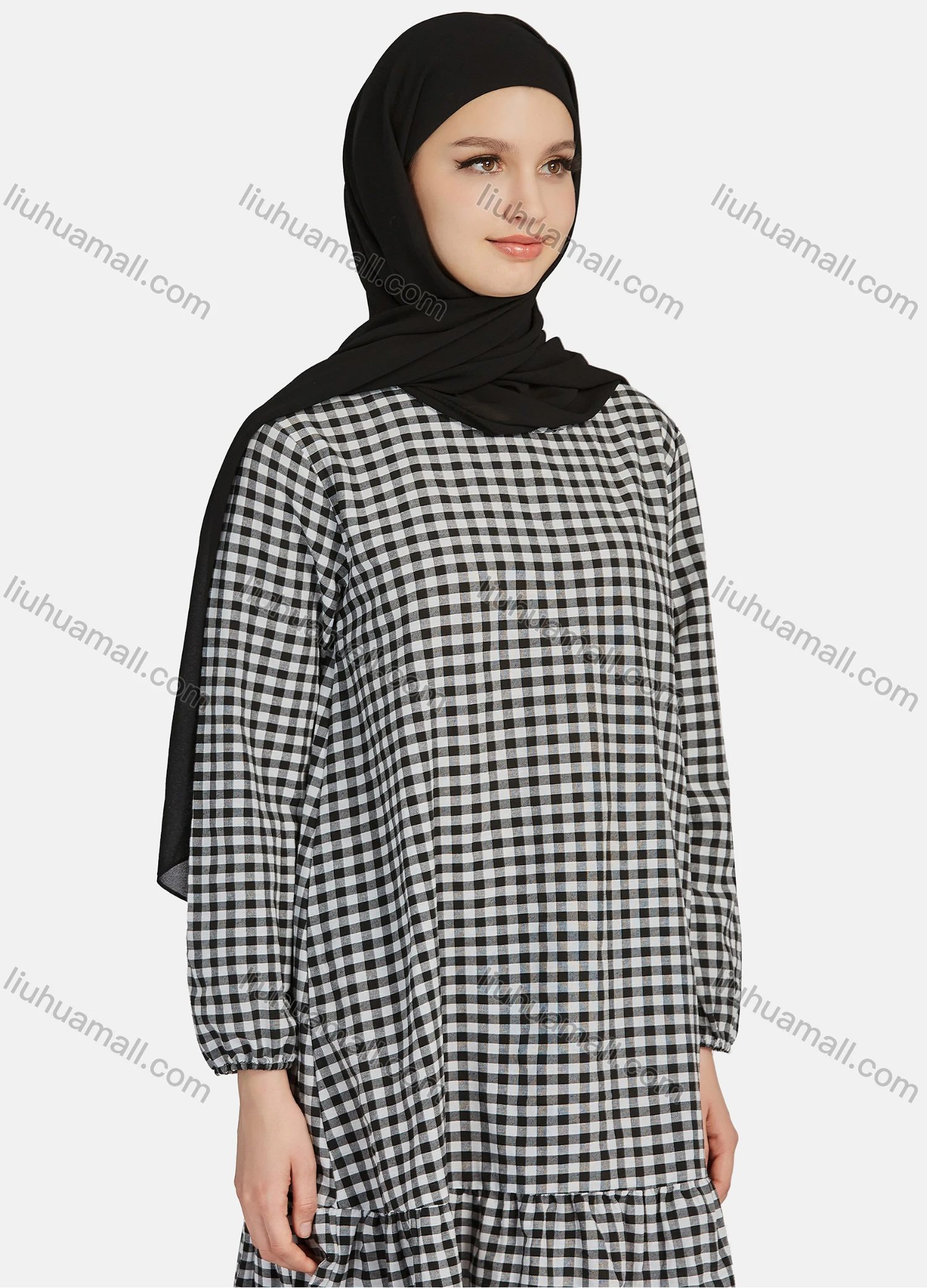 Wholesale Women's Casual Plaid Print Long Sleeve Ruffle Hem Midi Dress 1309# - Liuhuamall