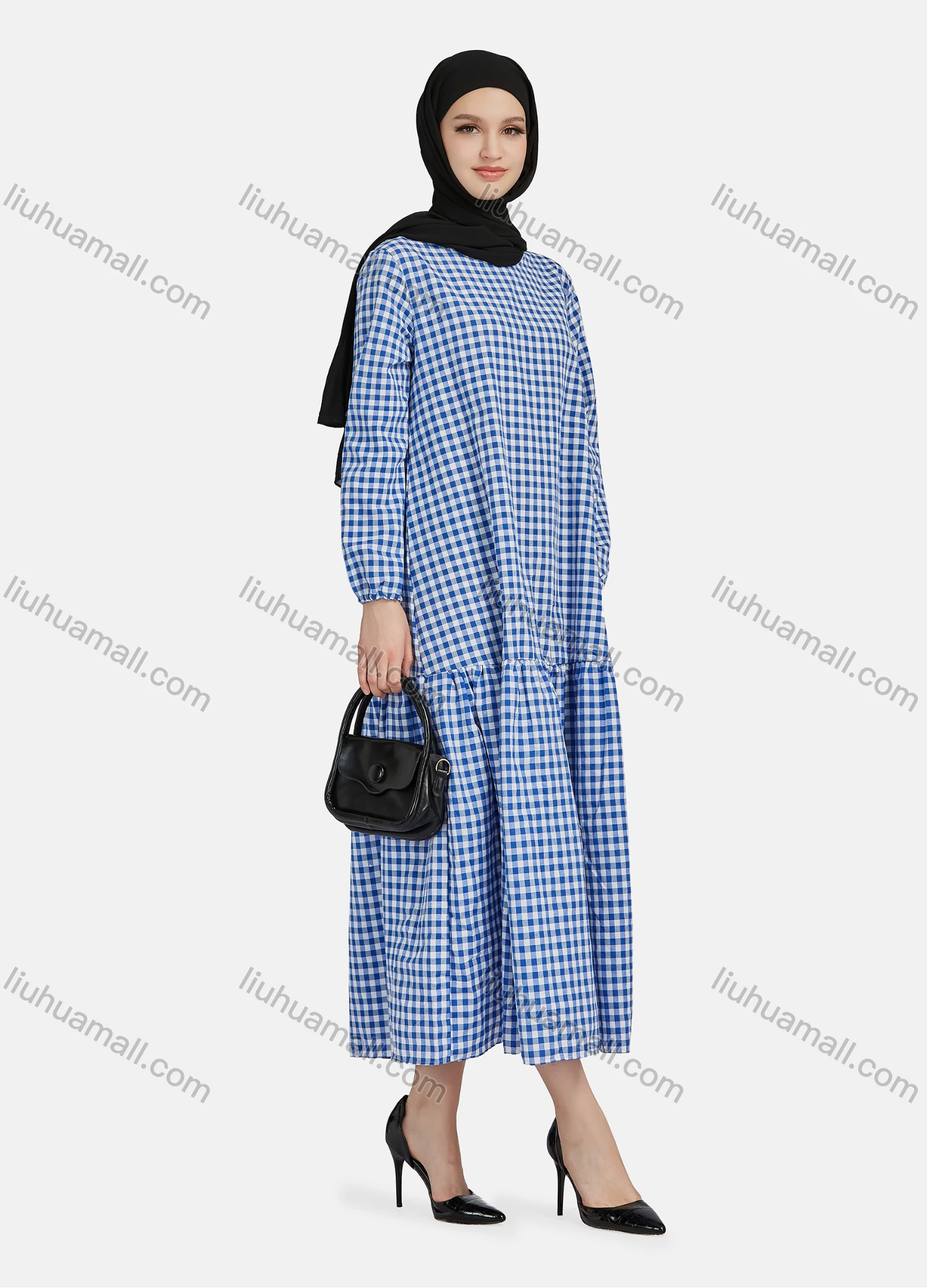 Wholesale Women's Casual Plaid Print Long Sleeve Ruffle Hem Midi Dress 1309# - Liuhuamall