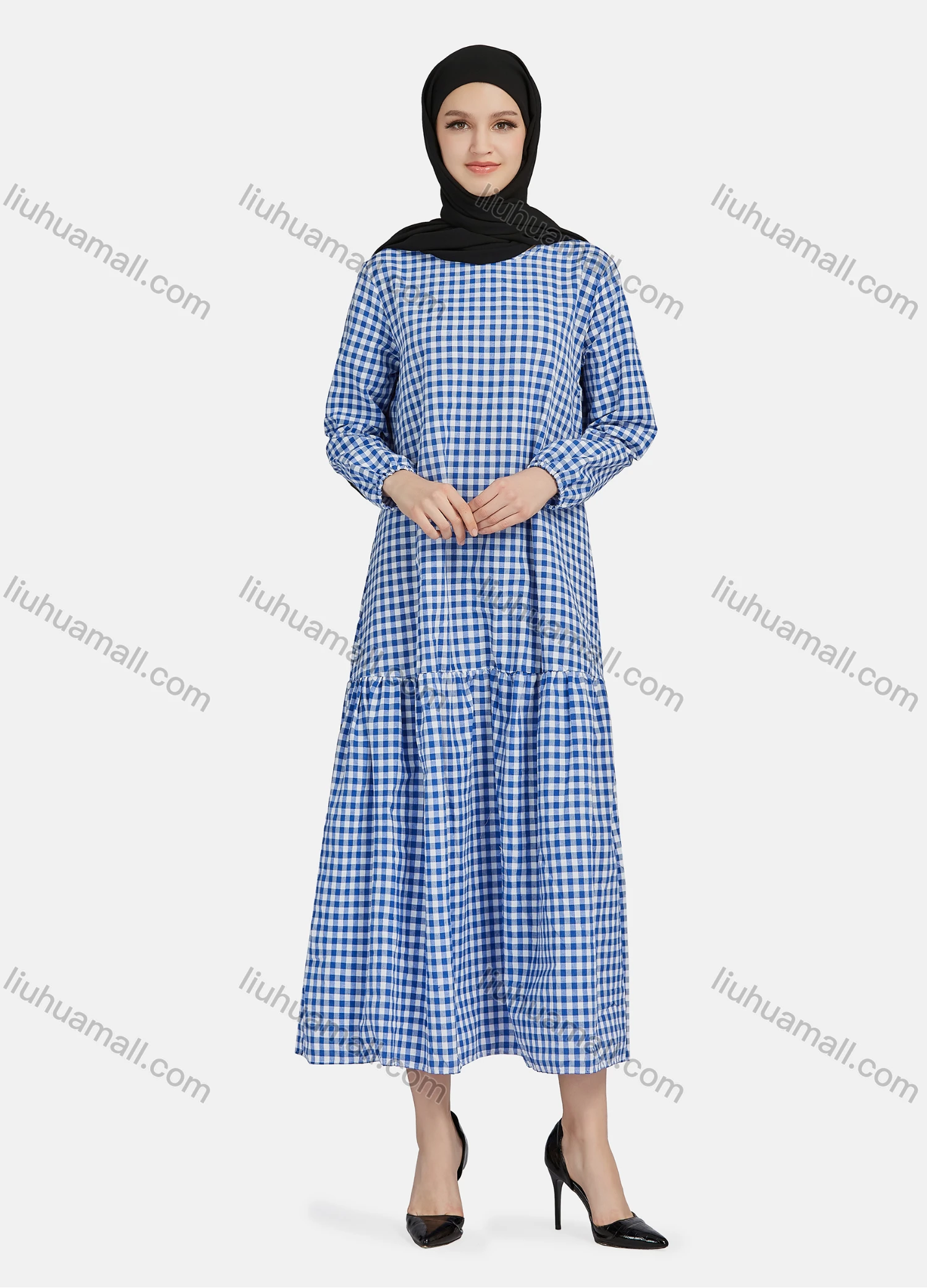 Wholesale Women's Casual Plaid Print Long Sleeve Ruffle Hem Midi Dress 1309# - Liuhuamall