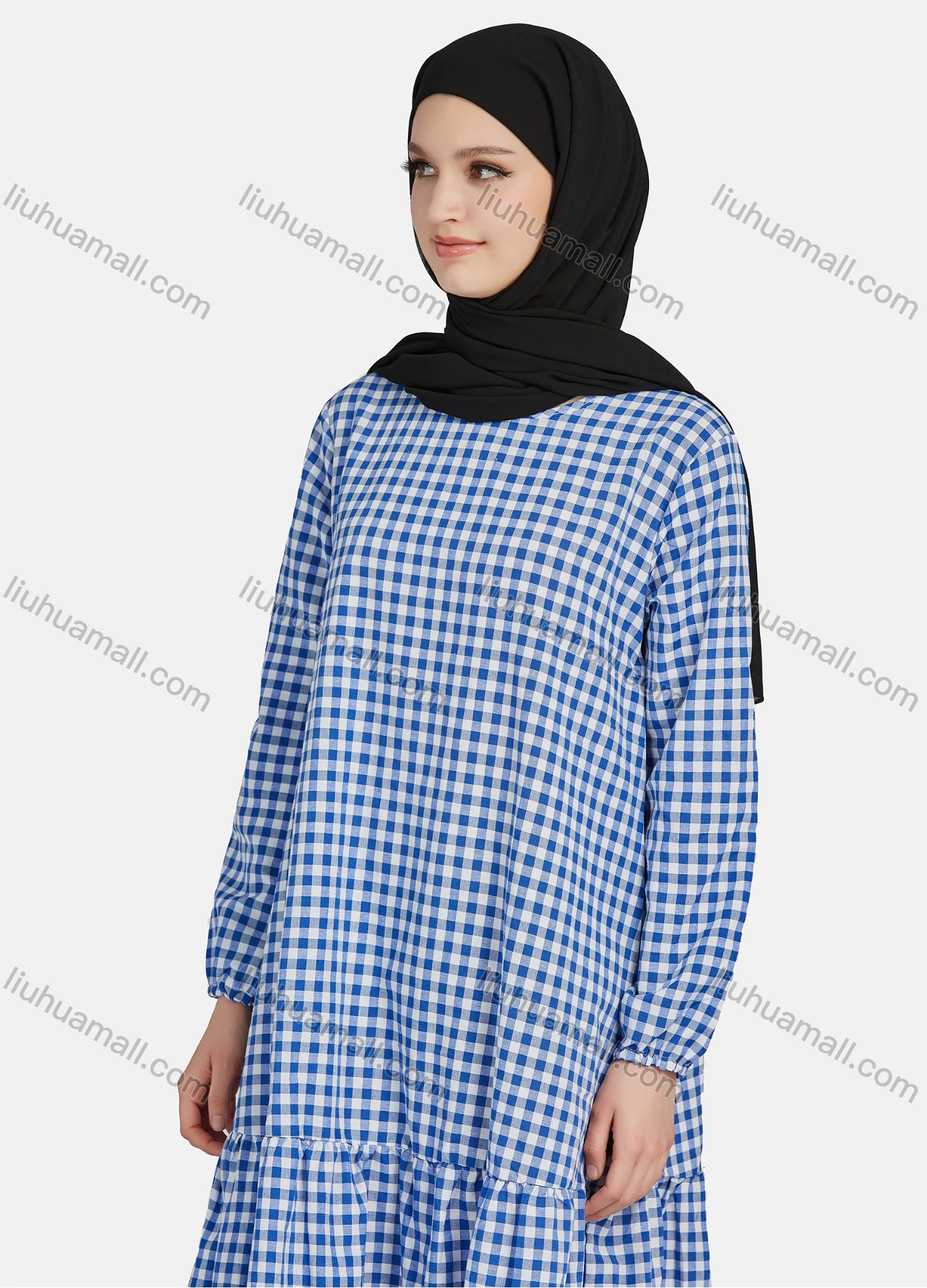 Wholesale Women's Casual Plaid Print Long Sleeve Ruffle Hem Midi Dress 1309# - Liuhuamall