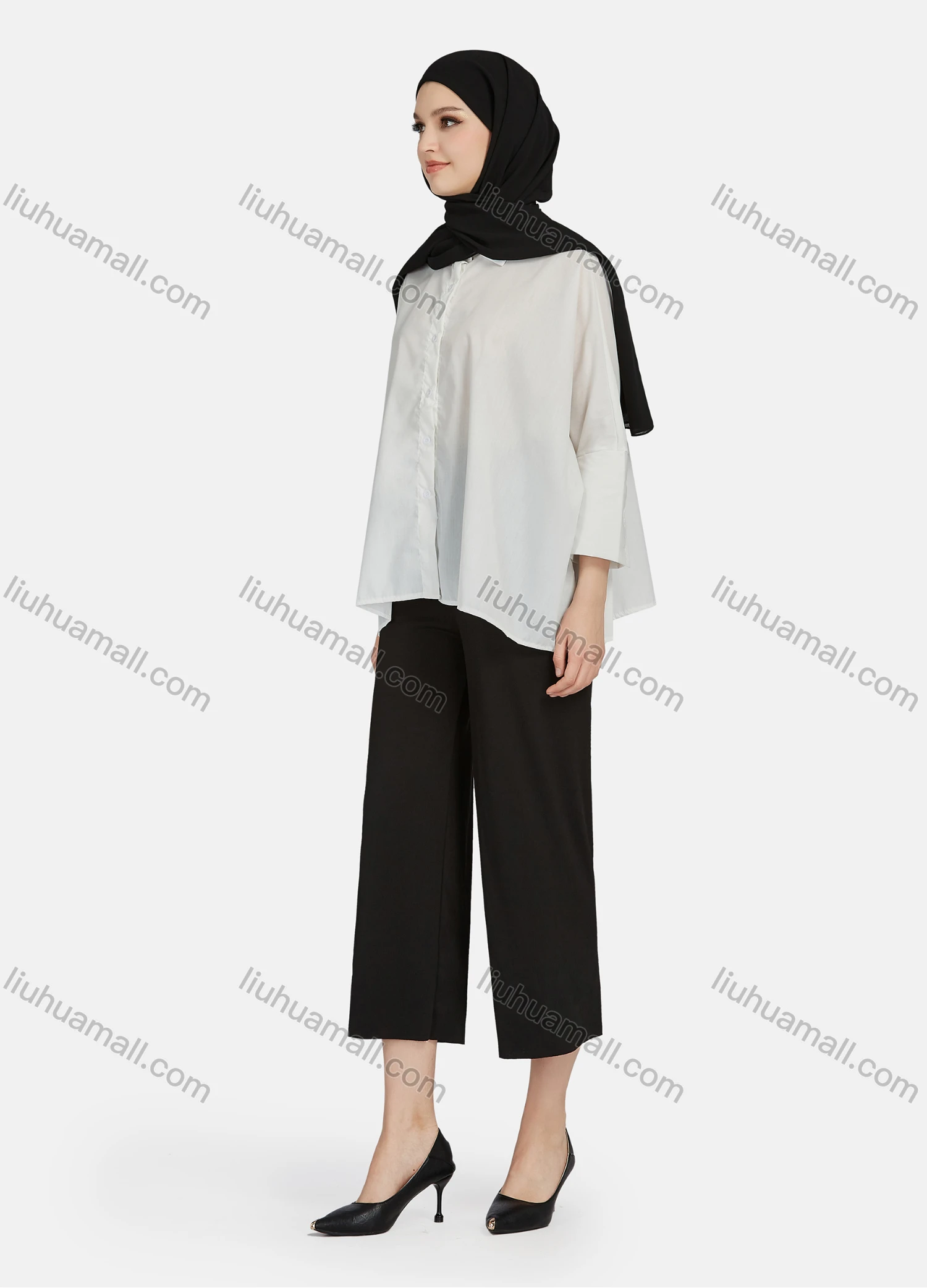 Wholesale Women's Casual Plain Collared 3/4 Sleeve Shirt 1341# - Liuhuamall