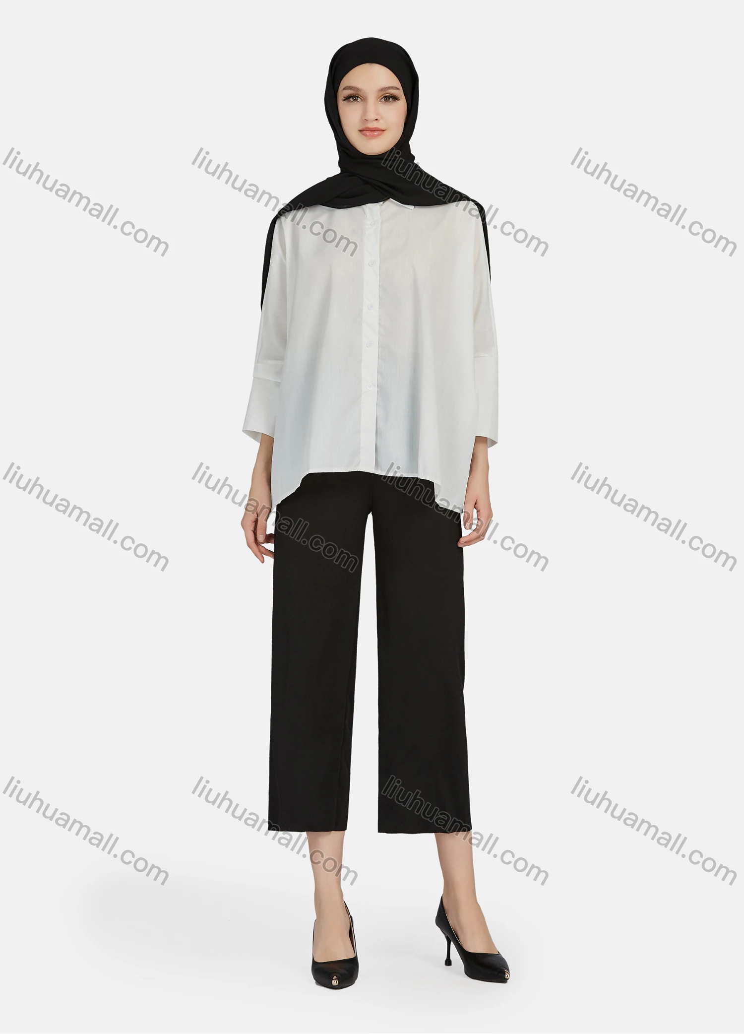 Wholesale Women's Casual Plain Collared 3/4 Sleeve Shirt 1341# - Liuhuamall