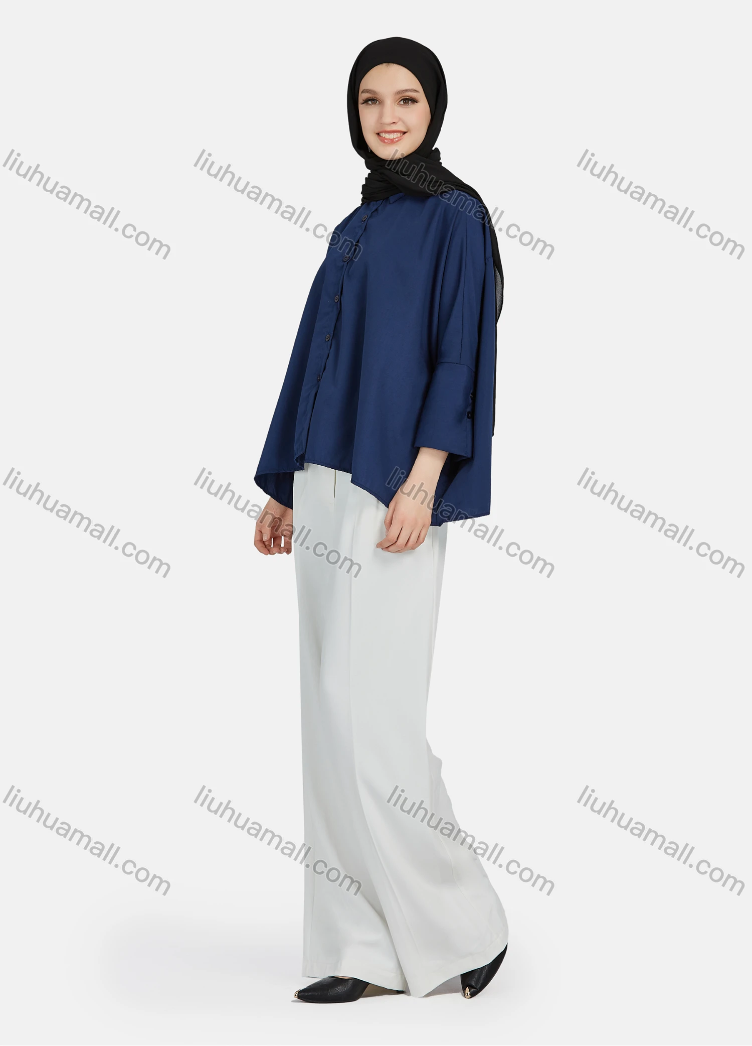 Wholesale Women's Casual Plain Collared 3/4 Sleeve Shirt 1341# - Liuhuamall