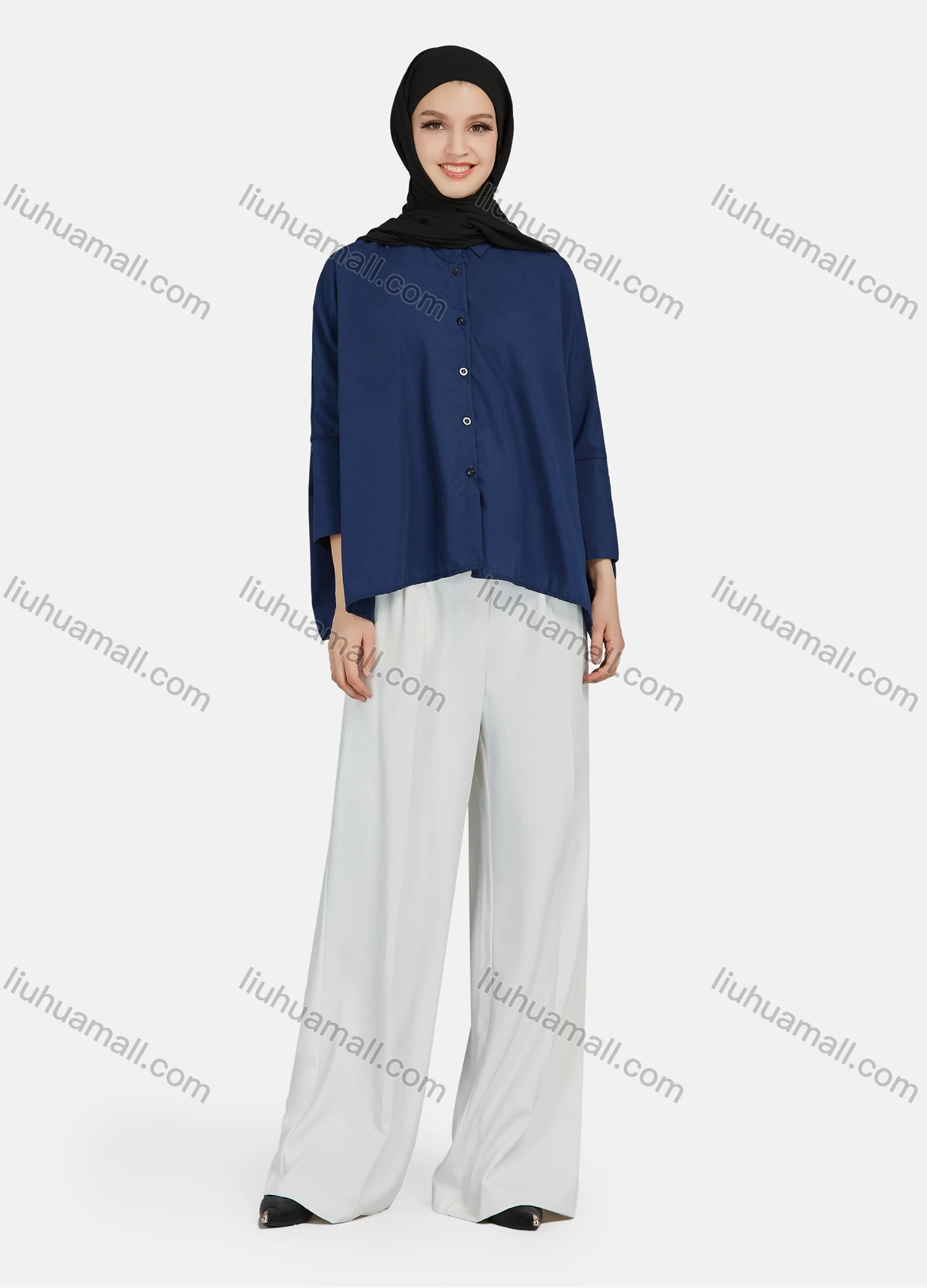 Wholesale Women's Casual Plain Collared 3/4 Sleeve Shirt 1341# - Liuhuamall