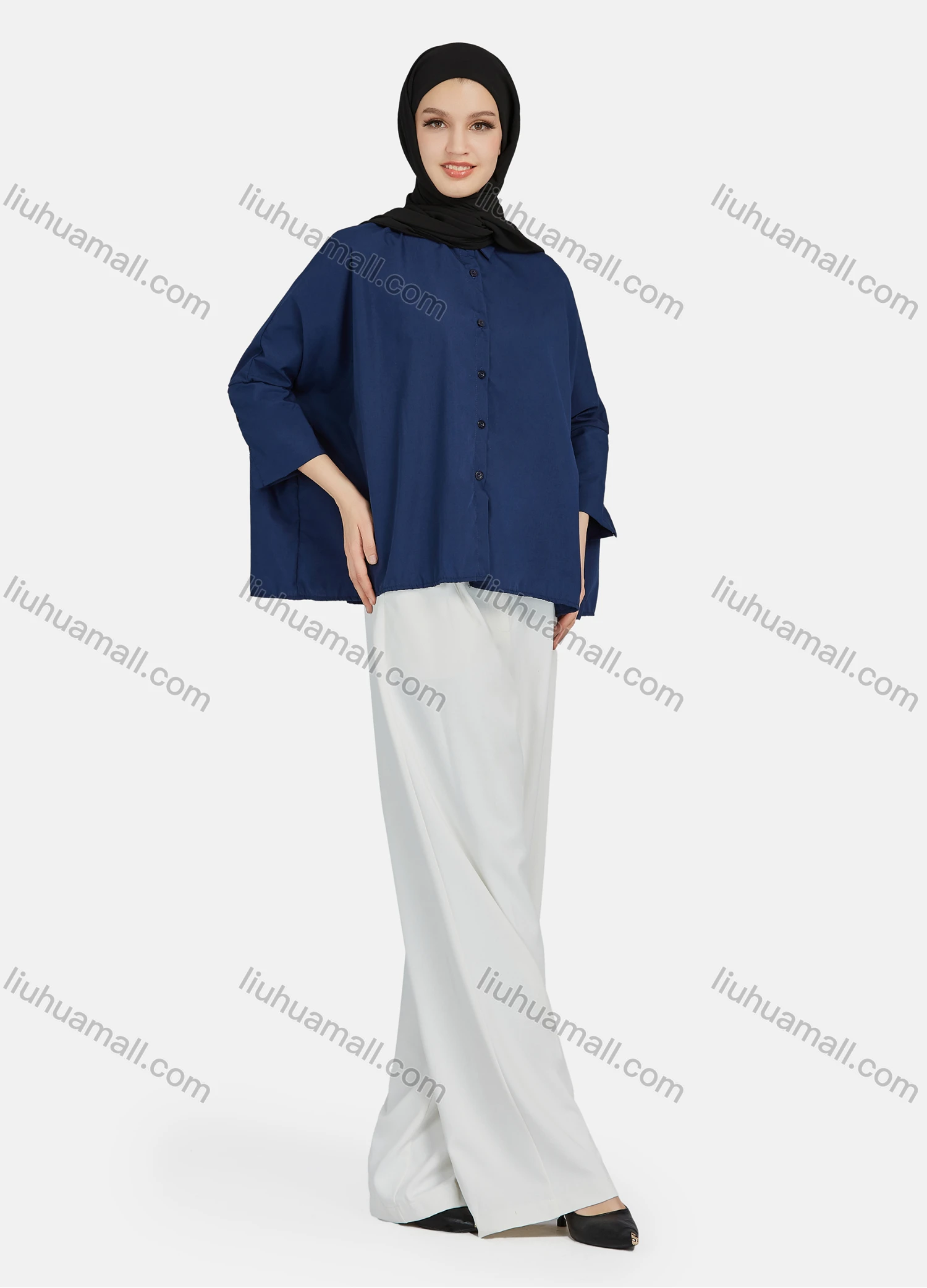 Wholesale Women's Casual Plain Collared 3/4 Sleeve Shirt 1341# - Liuhuamall