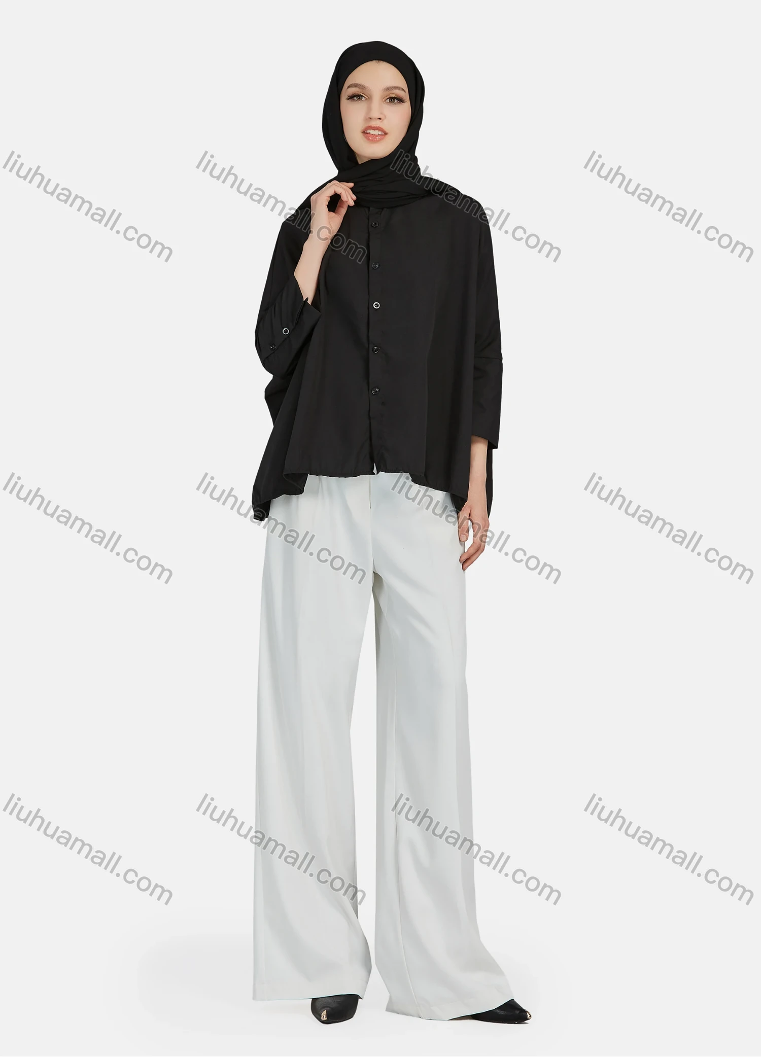 Wholesale Women's Casual Plain Collared 3/4 Sleeve Shirt 1341# - Liuhuamall