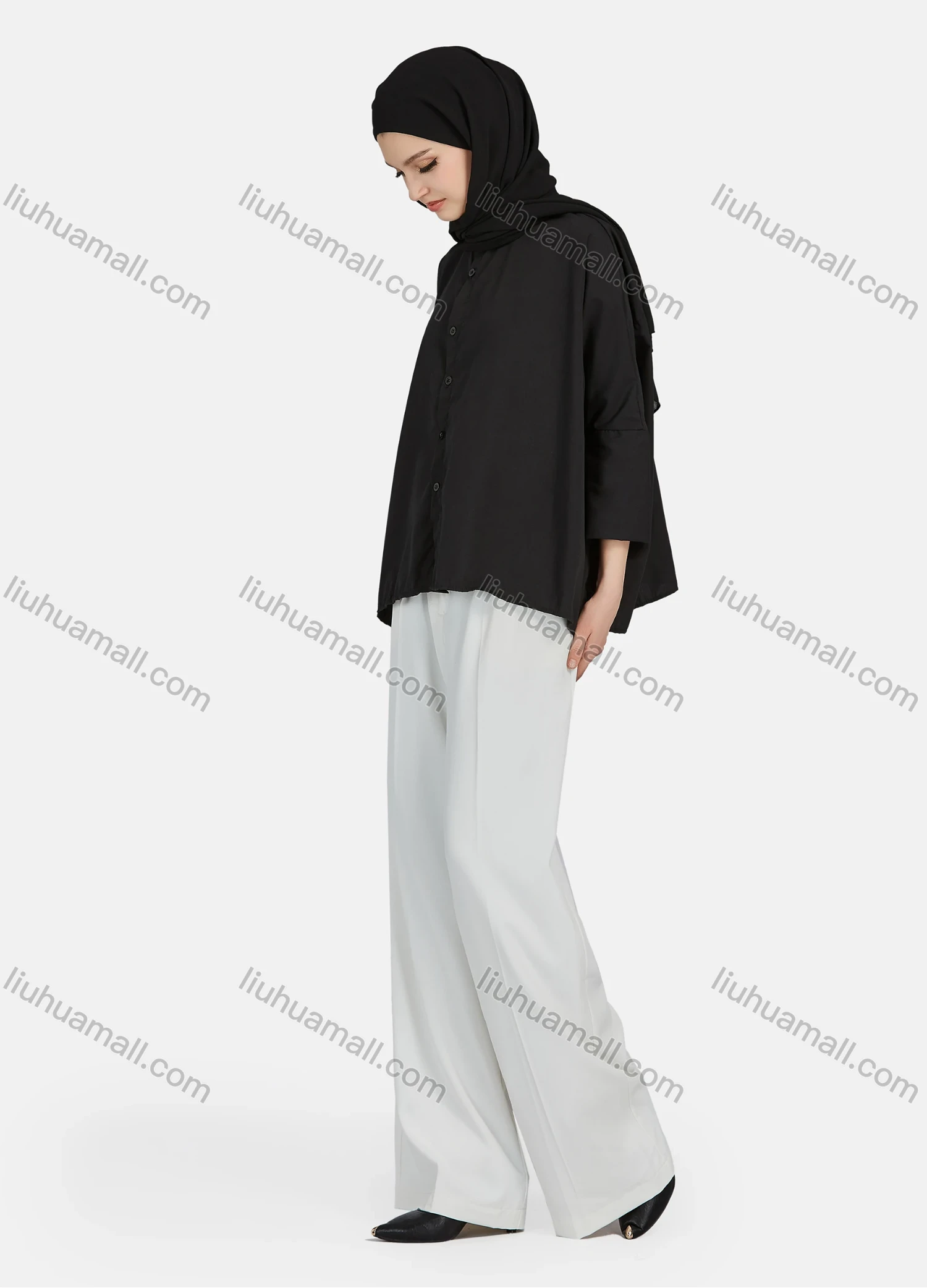 Wholesale Women's Casual Plain Collared 3/4 Sleeve Shirt 1341# - Liuhuamall