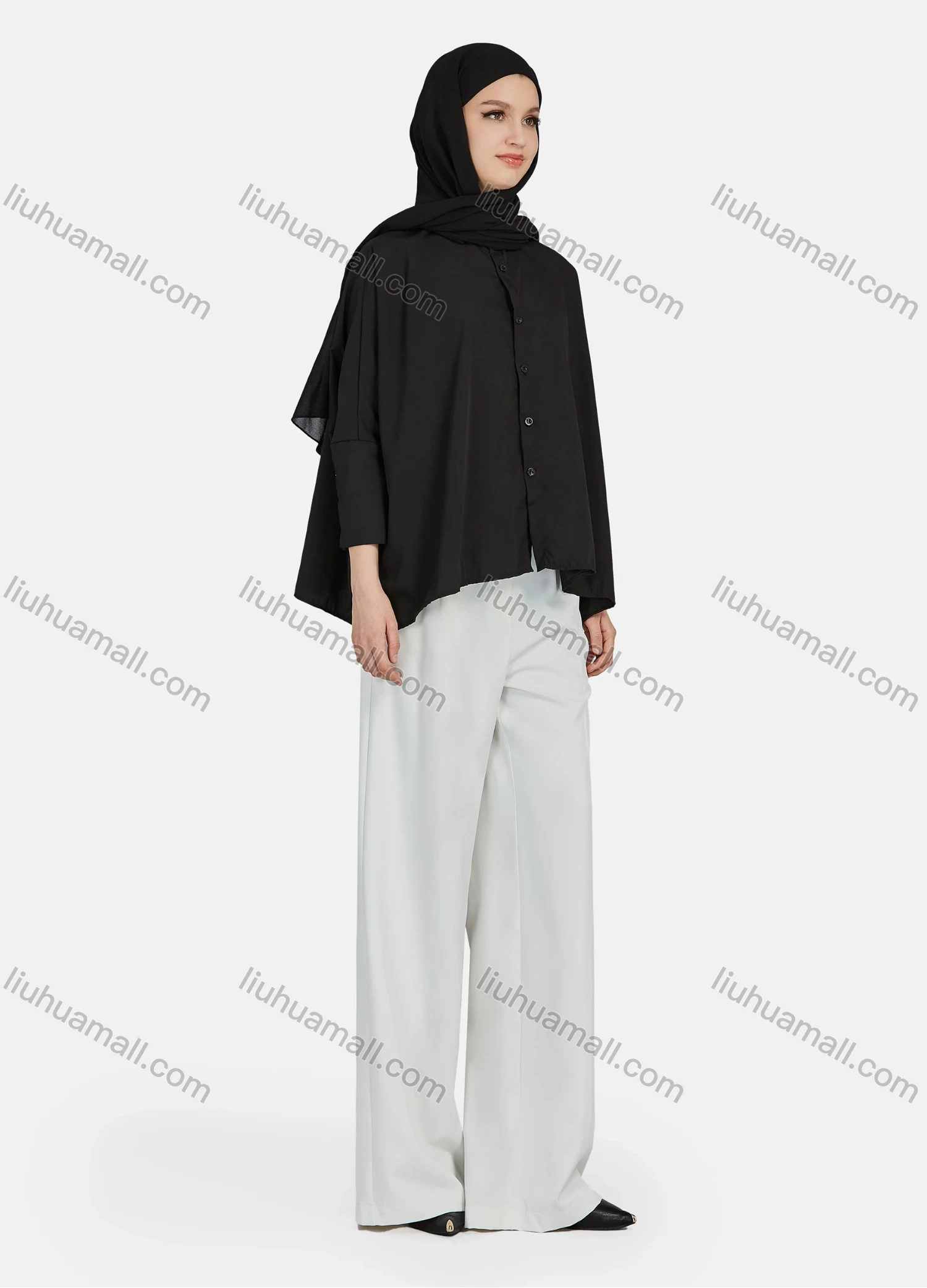 Wholesale Women's Casual Plain Collared 3/4 Sleeve Shirt 1341# - Liuhuamall