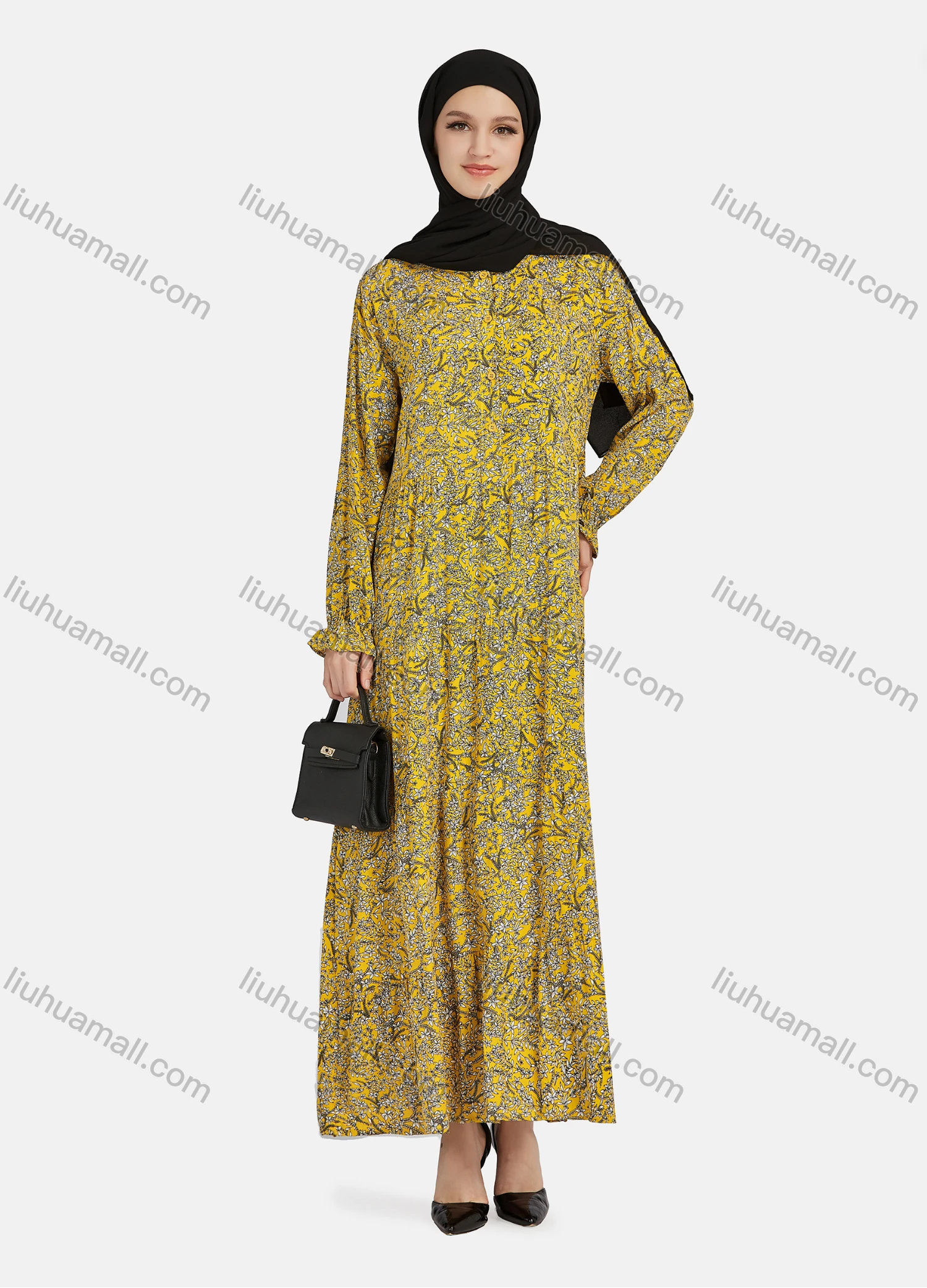 Wholesale Women's Casual Allover Print Long Sleeve Button Down Maxi Shirt Dress 1343# - Liuhuamall