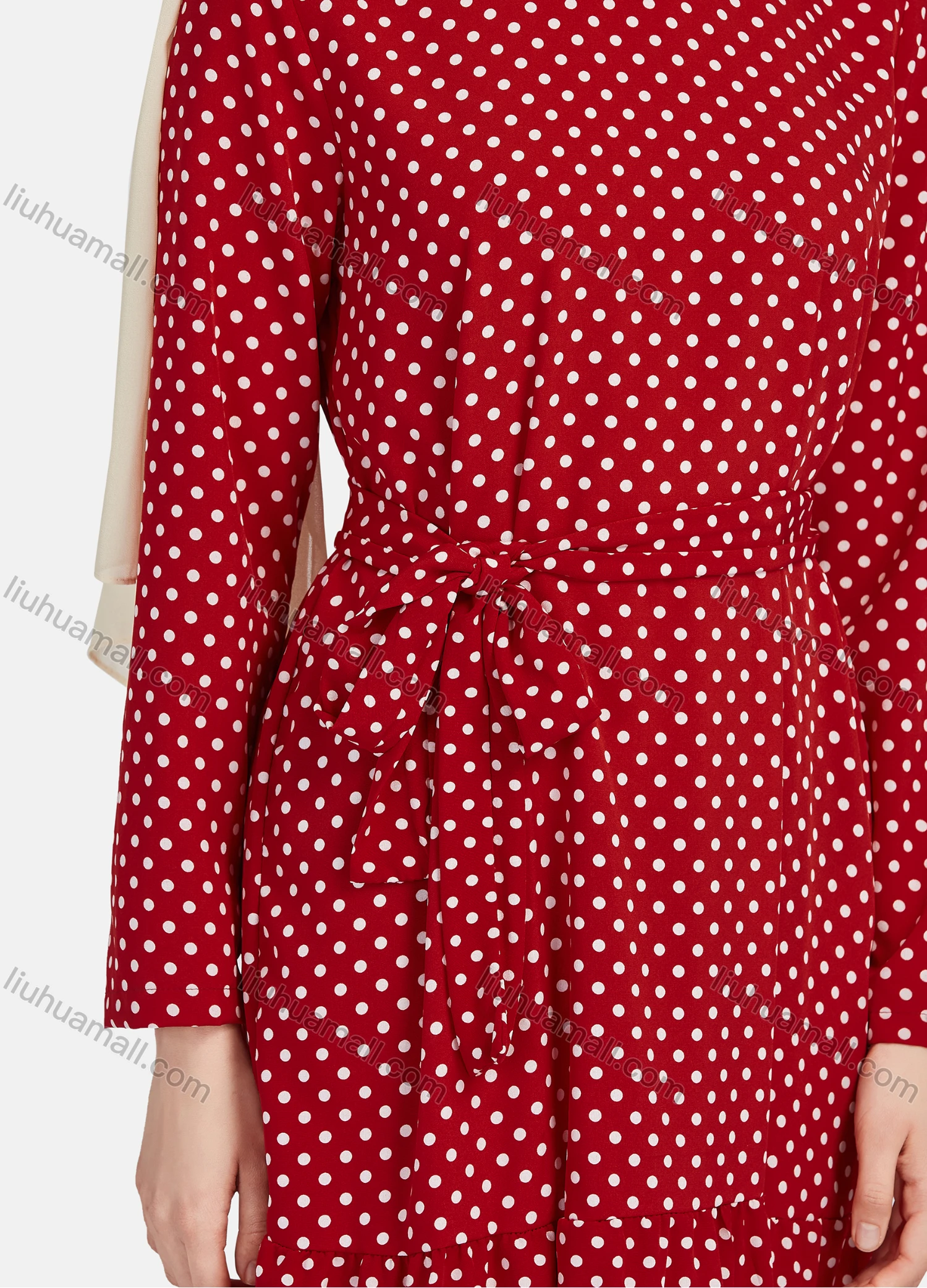 Wholesale Women's Casual Polka Dot Long Sleeve Ruffle Hem Maxi Dress With Belt 1344# - Liuhuamall