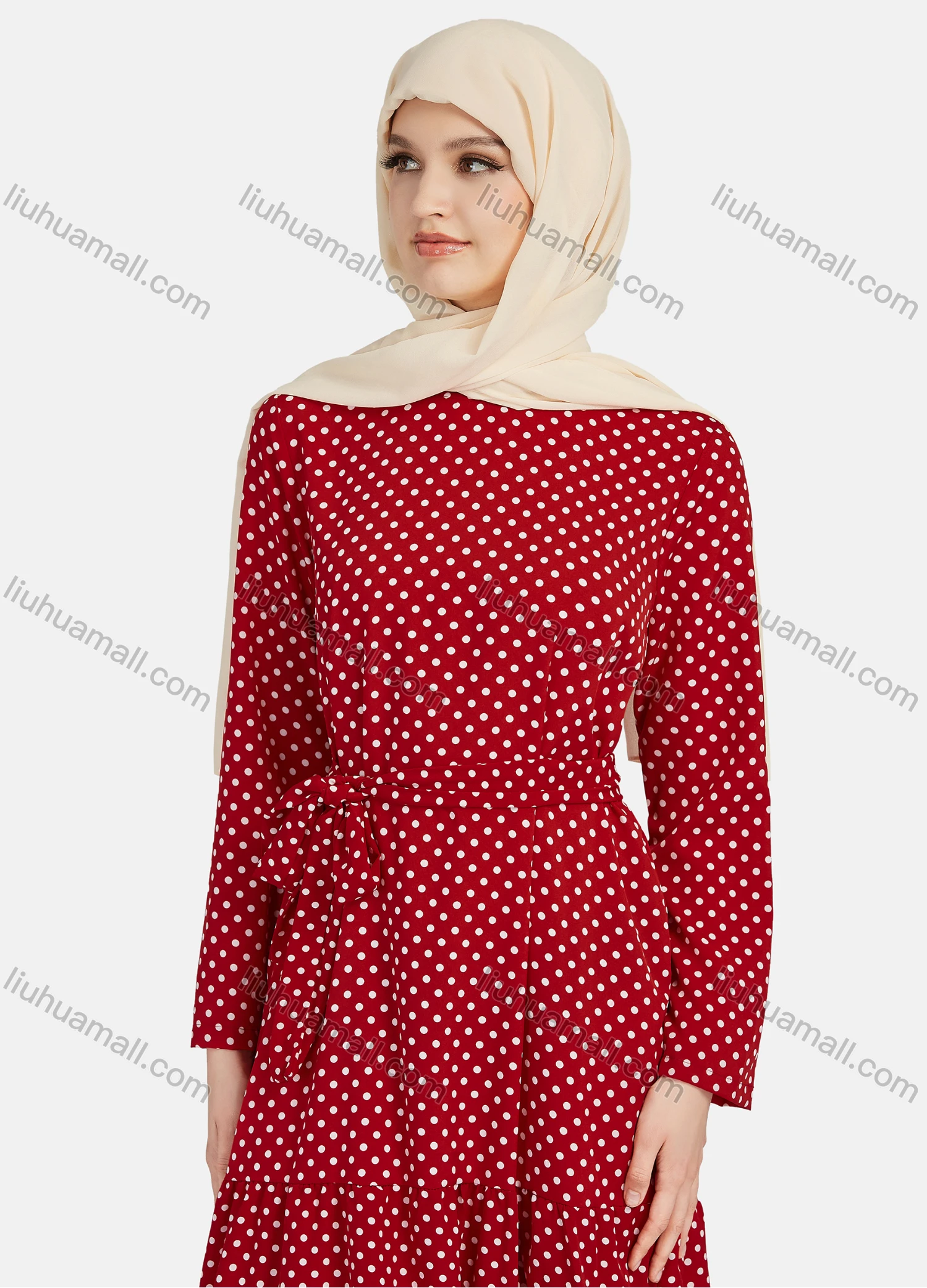 Wholesale Women's Casual Polka Dot Long Sleeve Ruffle Hem Maxi Dress With Belt 1344# - Liuhuamall