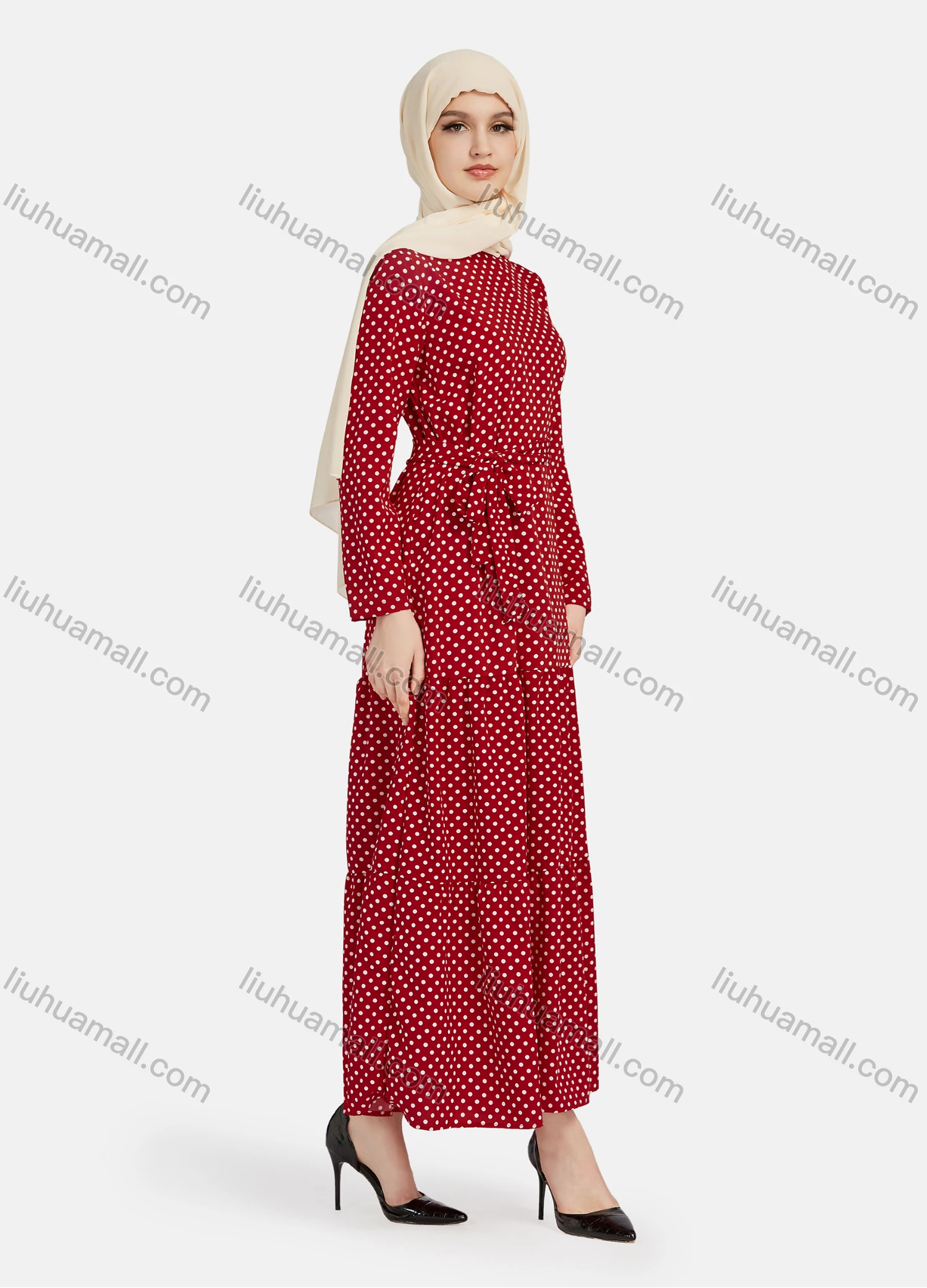 Wholesale Women's Casual Polka Dot Long Sleeve Ruffle Hem Maxi Dress With Belt 1344# - Liuhuamall