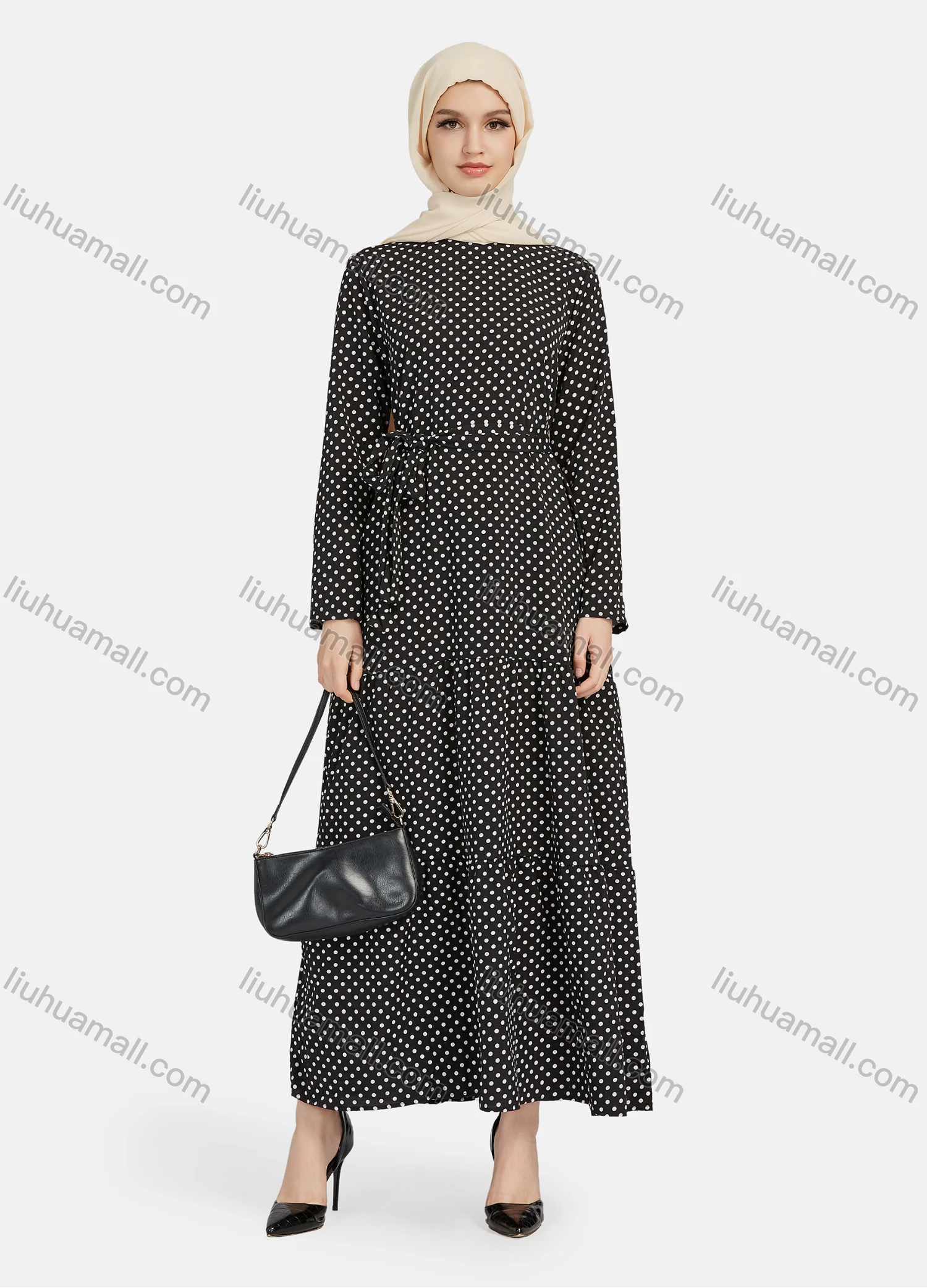 Wholesale Women's Casual Polka Dot Long Sleeve Ruffle Hem Maxi Dress With Belt 1344# - Liuhuamall