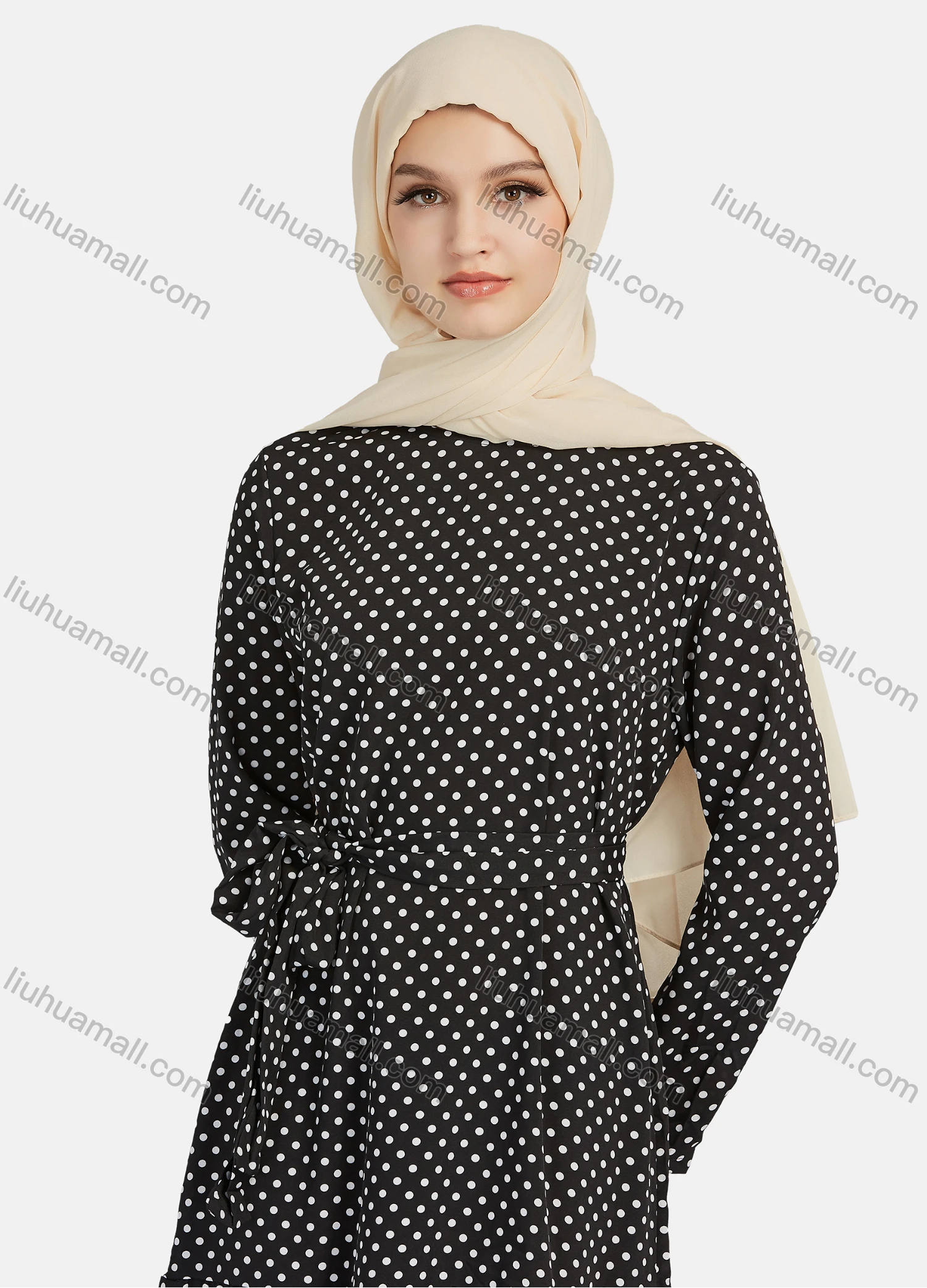 Wholesale Women's Casual Polka Dot Long Sleeve Ruffle Hem Maxi Dress With Belt 1344# - Liuhuamall