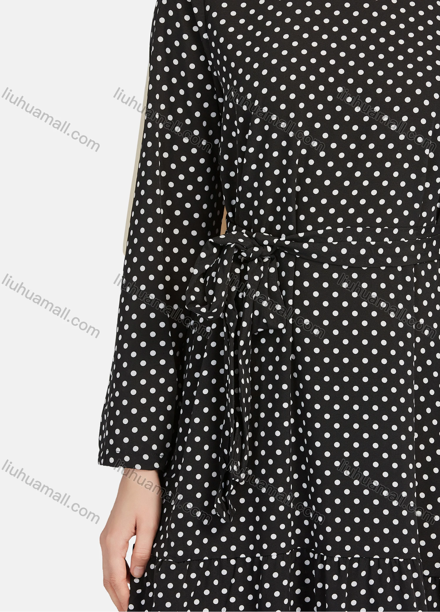 Wholesale Women's Casual Polka Dot Long Sleeve Ruffle Hem Maxi Dress With Belt 1344# - Liuhuamall