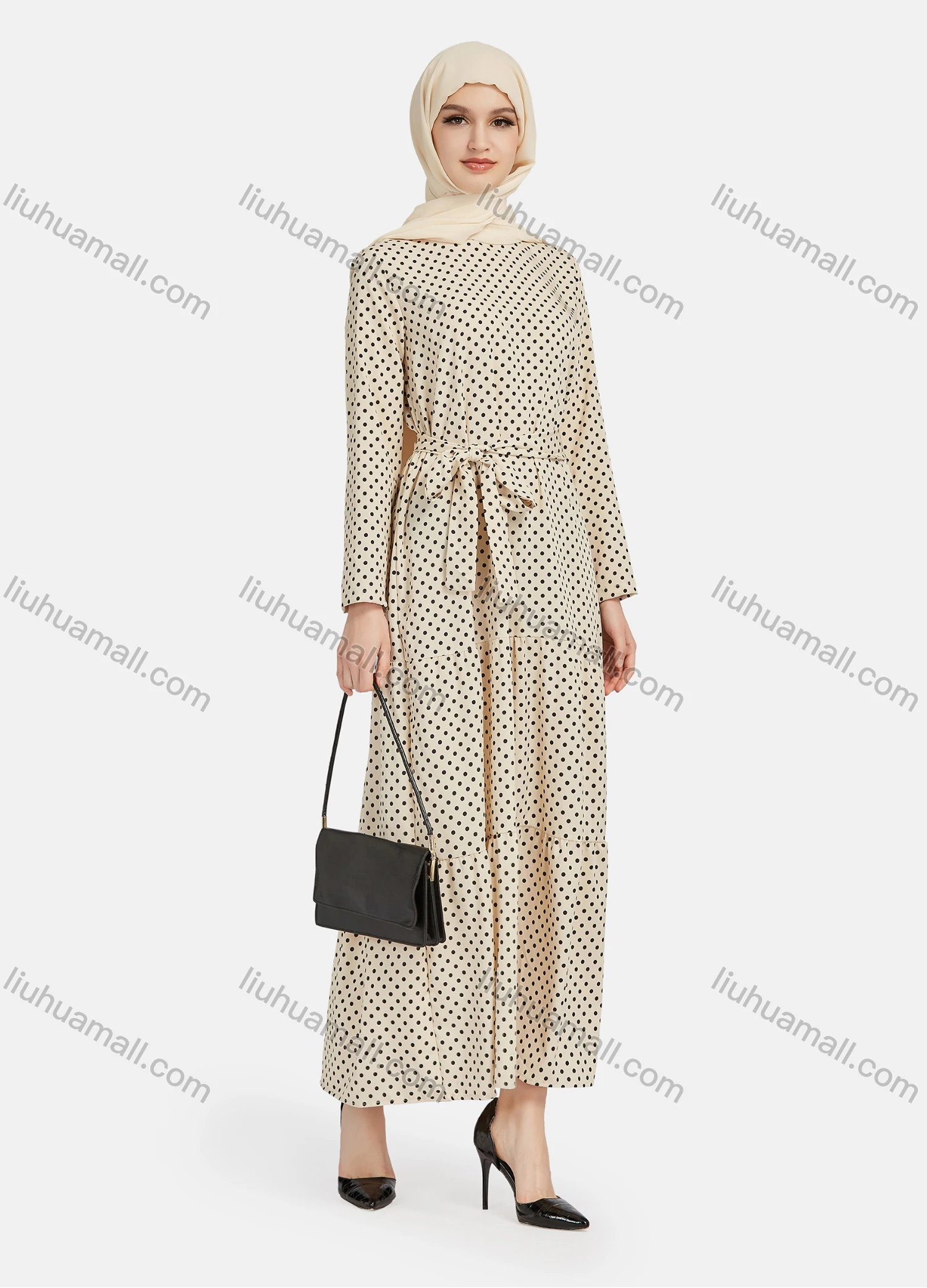 Wholesale Women's Casual Polka Dot Long Sleeve Ruffle Hem Maxi Dress With Belt 1344# - Liuhuamall