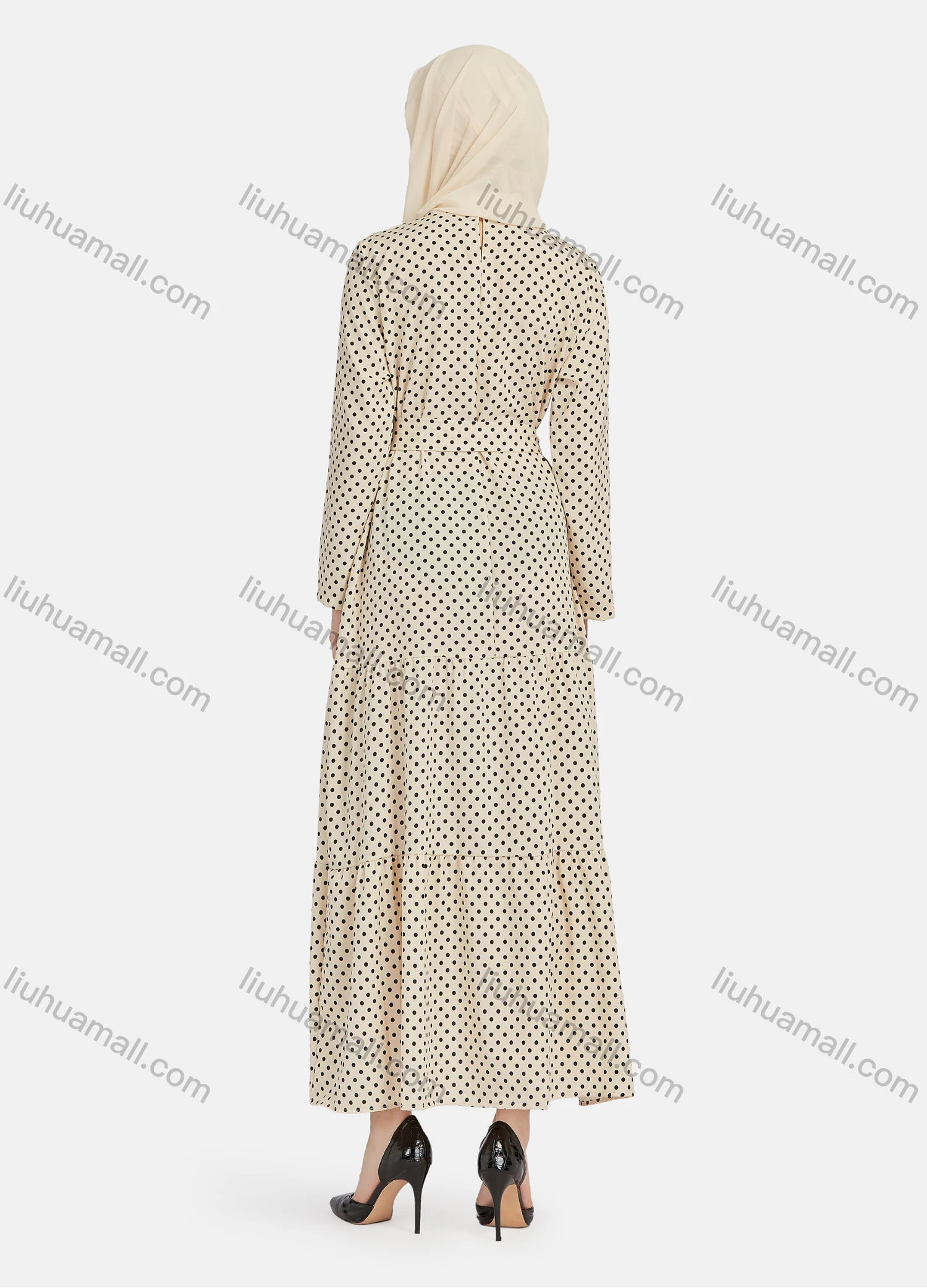 Wholesale Women's Casual Polka Dot Long Sleeve Ruffle Hem Maxi Dress With Belt 1344# - Liuhuamall