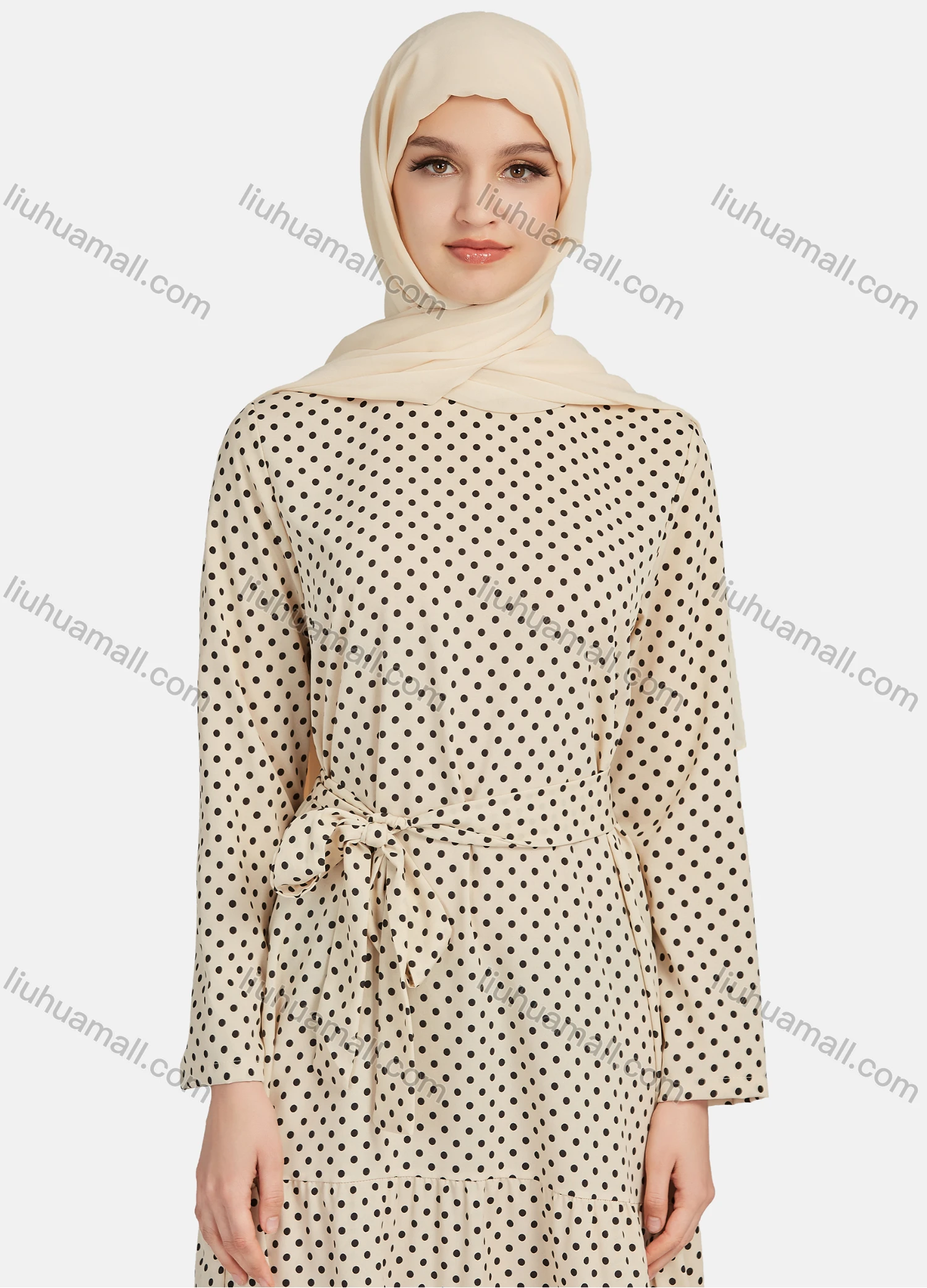 Wholesale Women's Casual Polka Dot Long Sleeve Ruffle Hem Maxi Dress With Belt 1344# - Liuhuamall