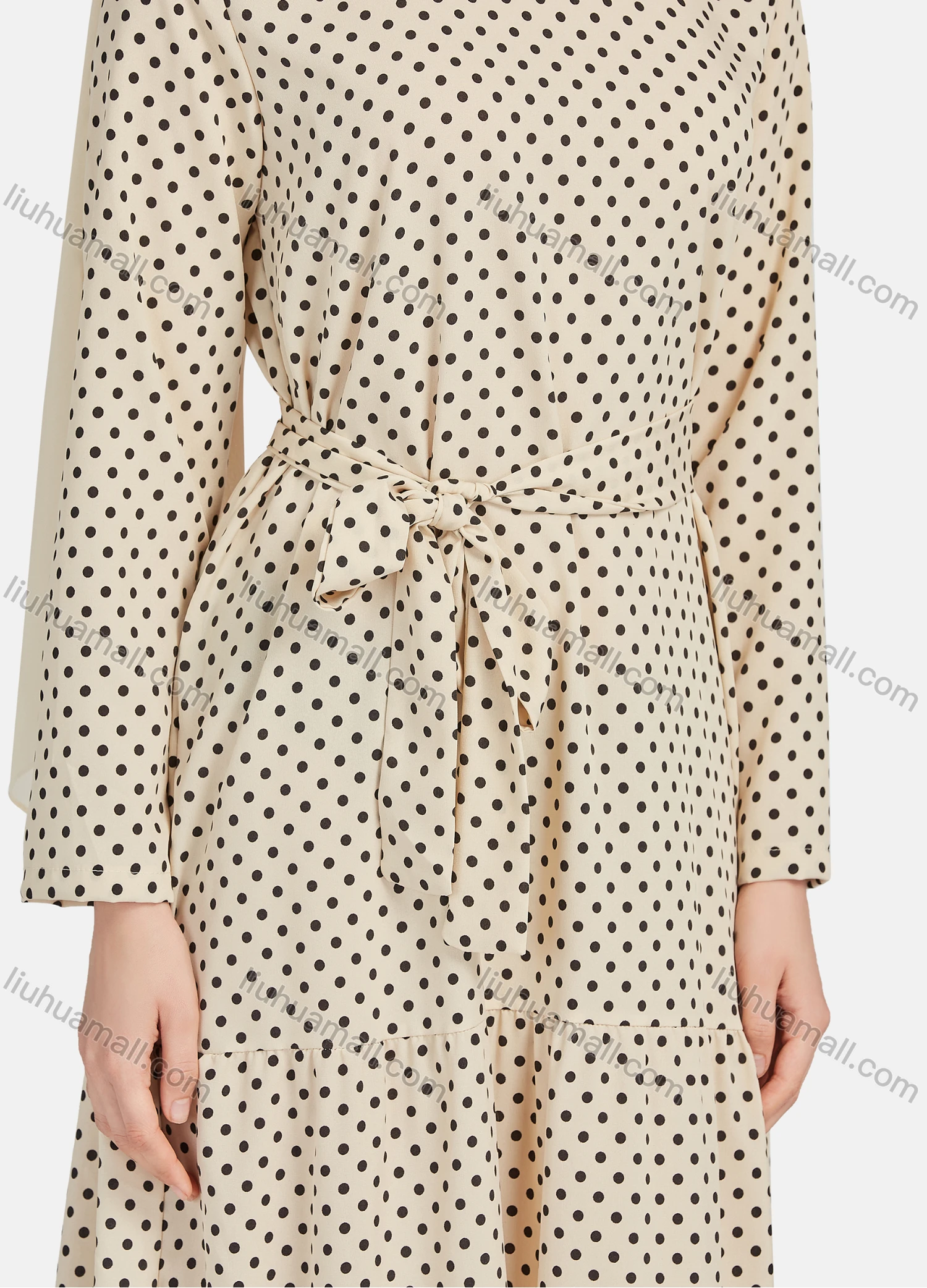Wholesale Women's Casual Polka Dot Long Sleeve Ruffle Hem Maxi Dress With Belt 1344# - Liuhuamall