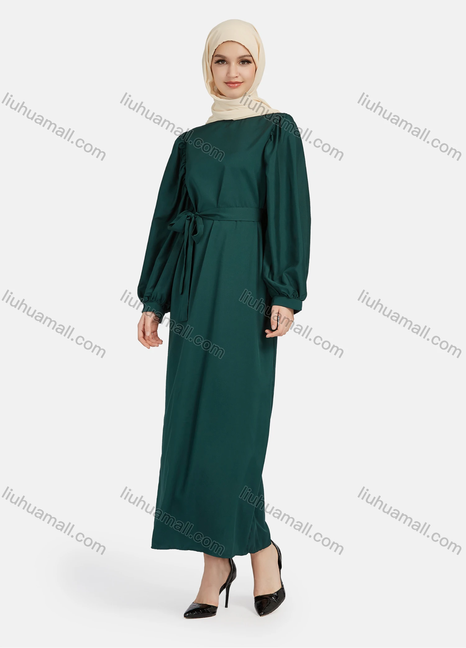 Wholesale Women's Casual Long Sleeve Round Neck Maxi Dress With Belt 1347# - Liuhuamall