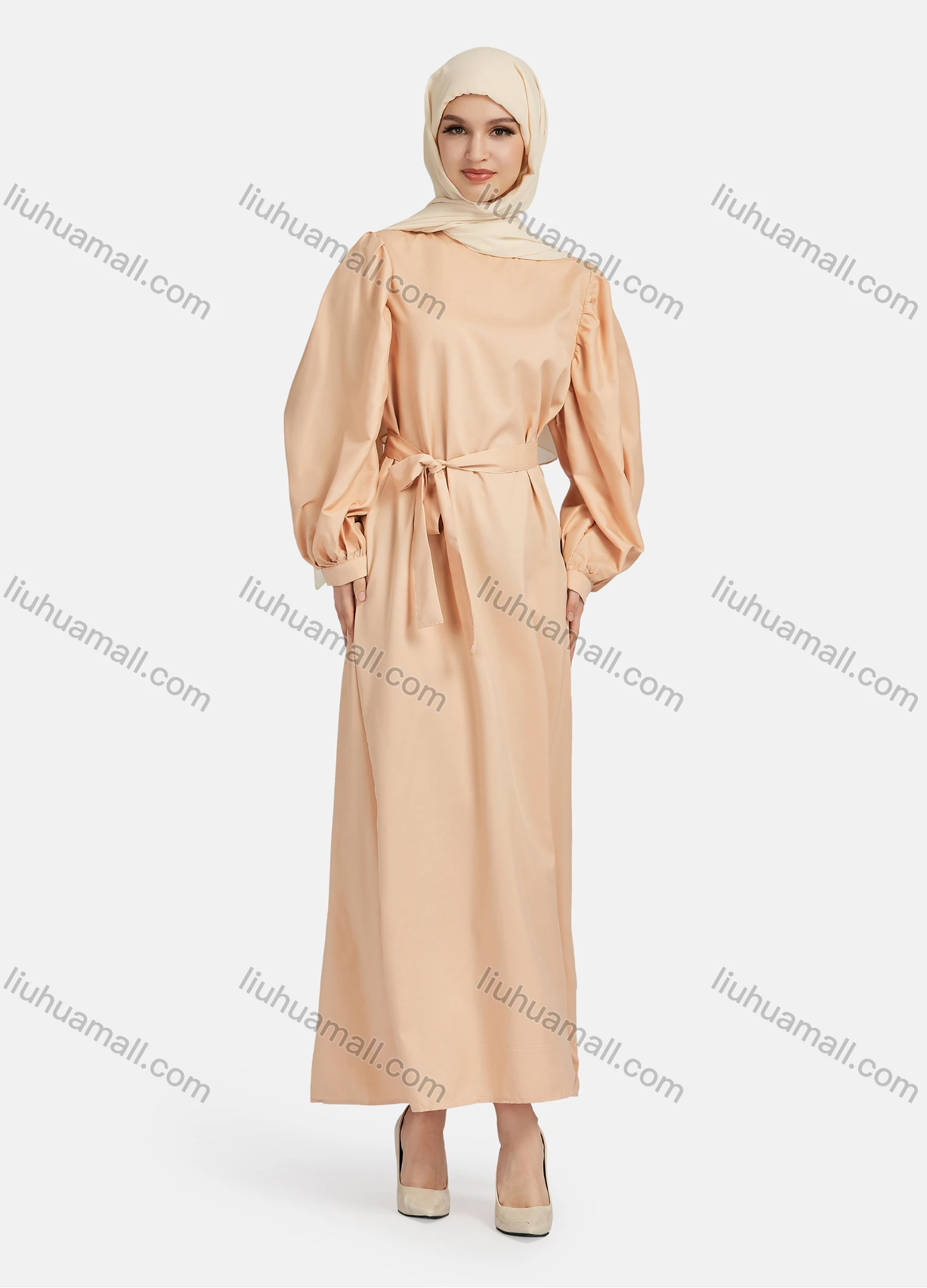 Wholesale Women's Casual Long Sleeve Round Neck Maxi Dress With Belt 1347# - Liuhuamall