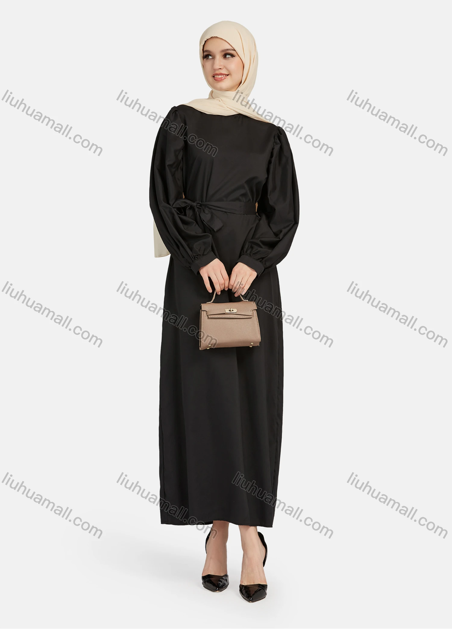 Wholesale Women's Casual Long Sleeve Round Neck Maxi Dress With Belt 1347# - Liuhuamall