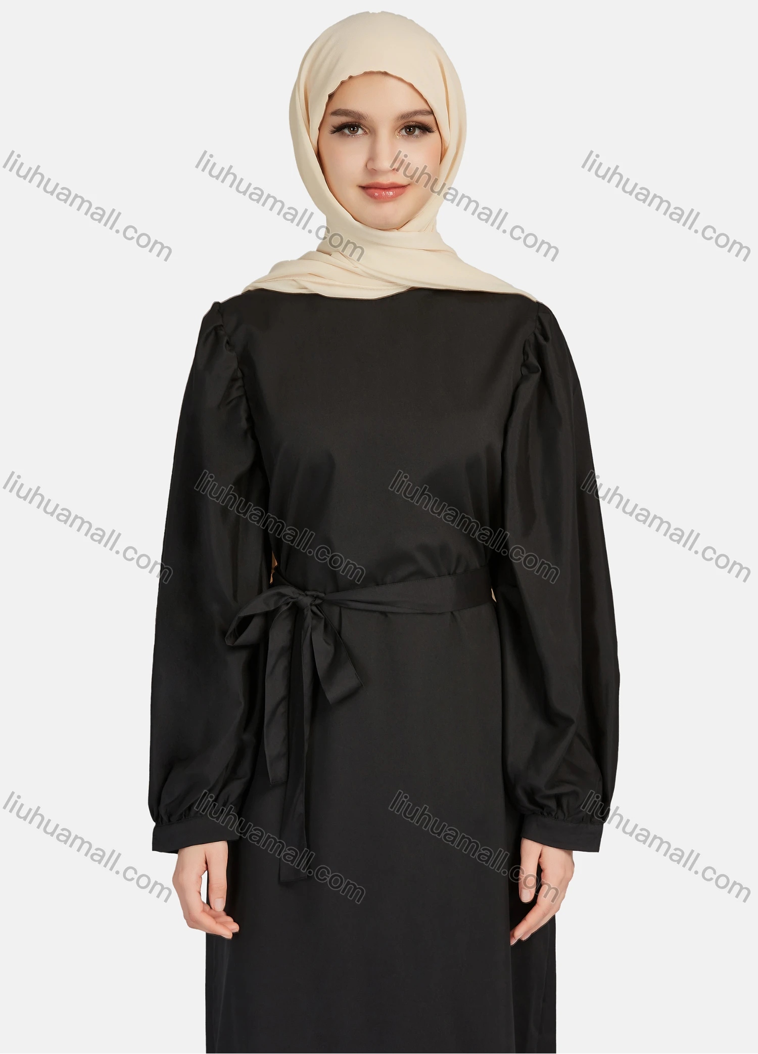 Wholesale Women's Casual Long Sleeve Round Neck Maxi Dress With Belt 1347# - Liuhuamall