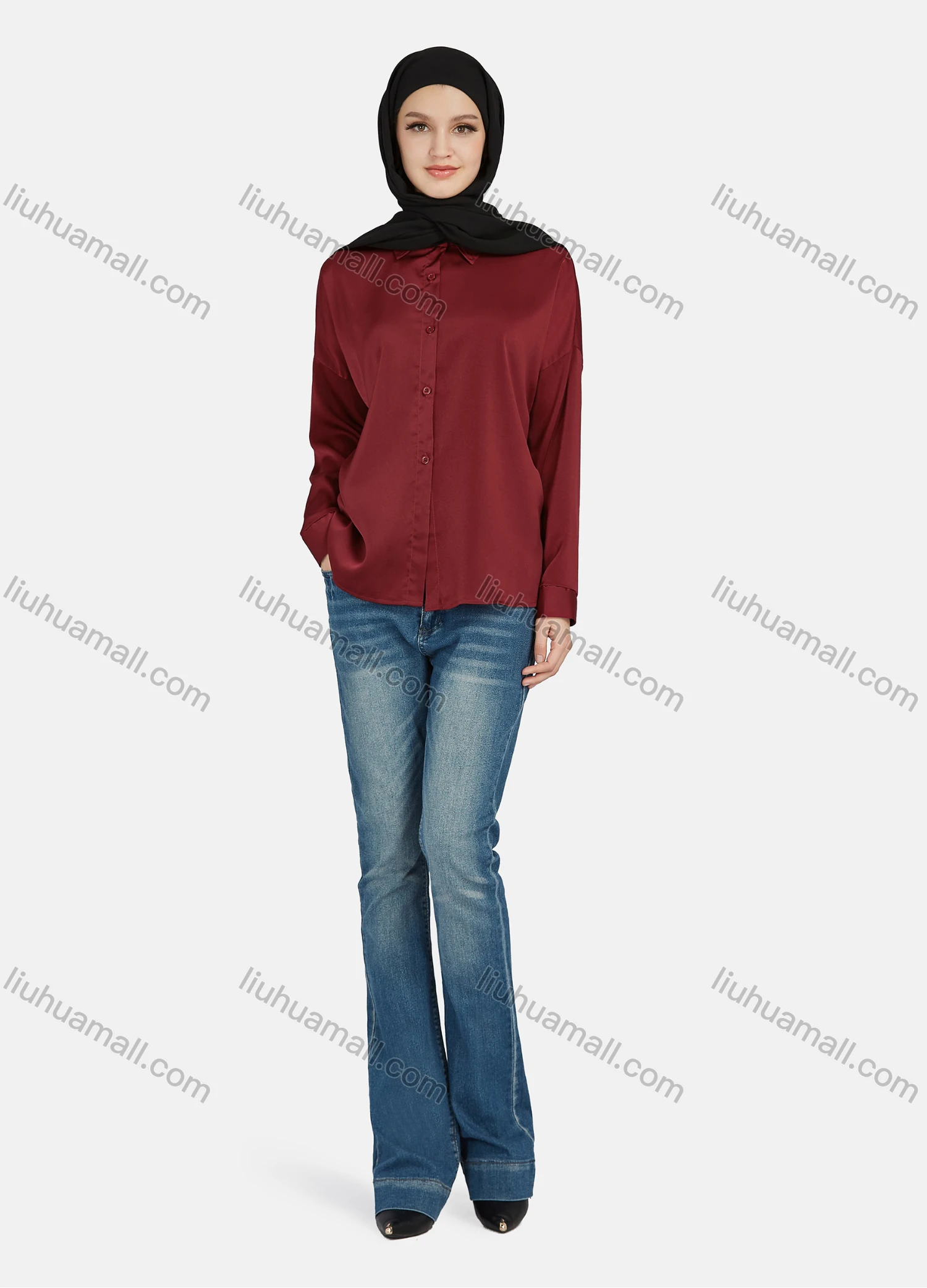 Wholesale Women's Casual Plain Collared Long Sleeve Shirt 1169# - Liuhuamall